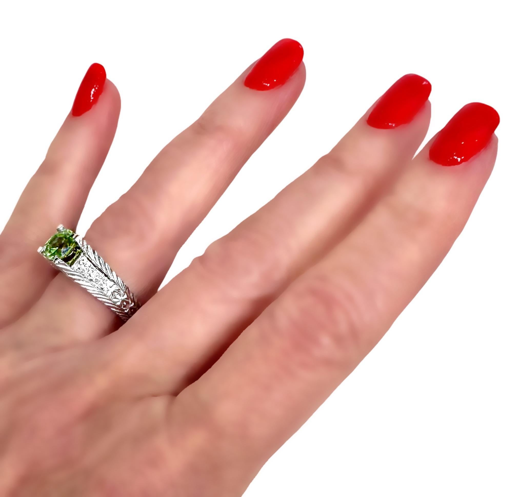 1.59Ct Cushion Cut Demantoid Garnet in an Engraved Platinum and Diamond Mounting For Sale 6