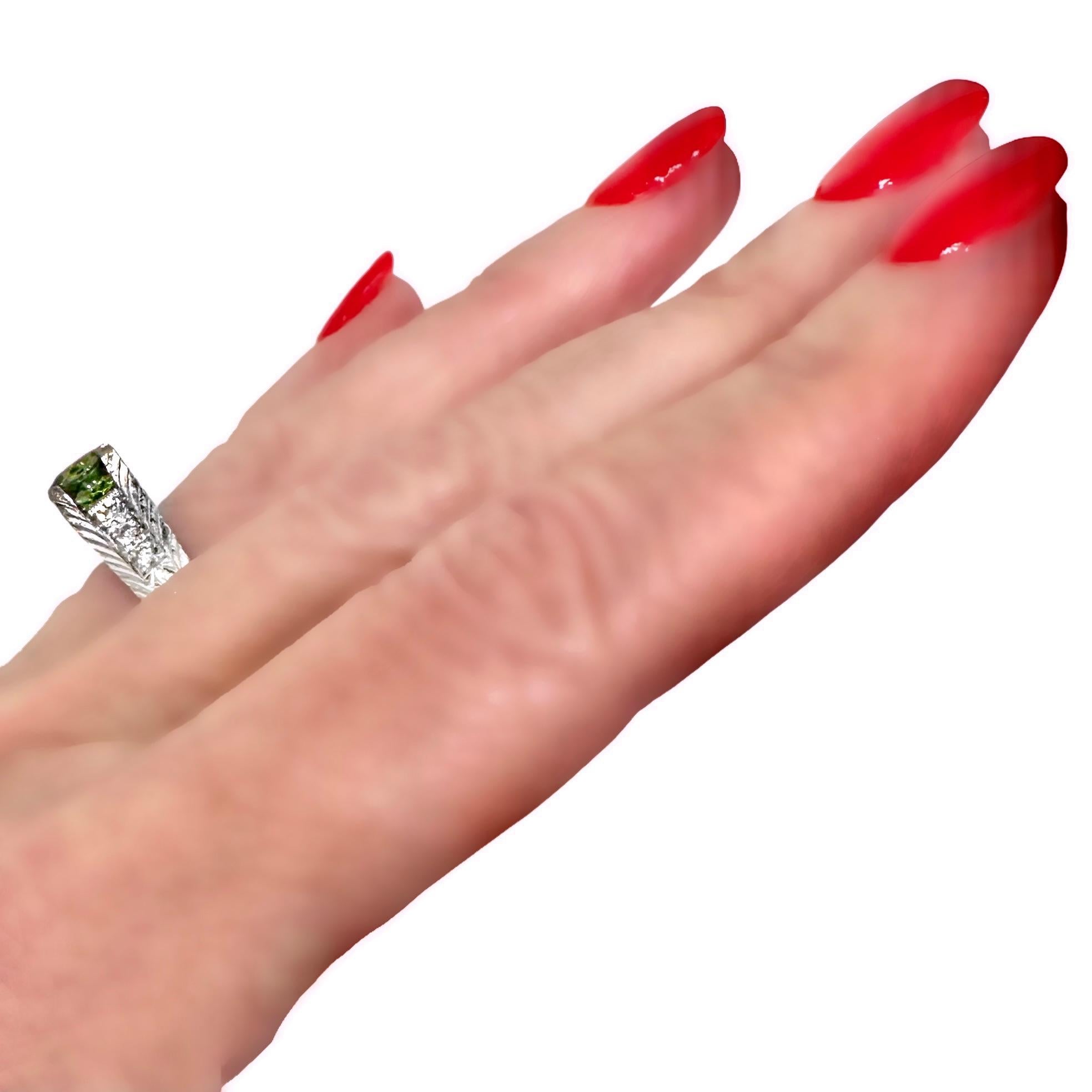 1.59Ct Cushion Cut Demantoid Garnet in an Engraved Platinum and Diamond Mounting For Sale 7