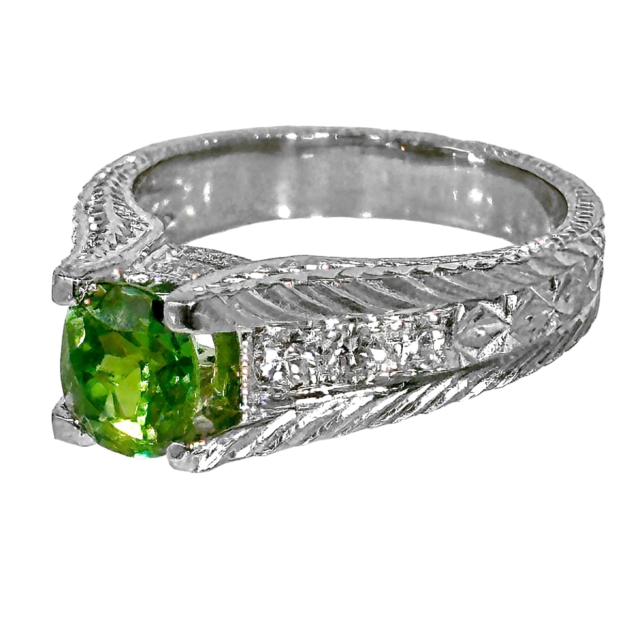 Modern 1.59Ct Cushion Cut Demantoid Garnet in an Engraved Platinum and Diamond Mounting For Sale