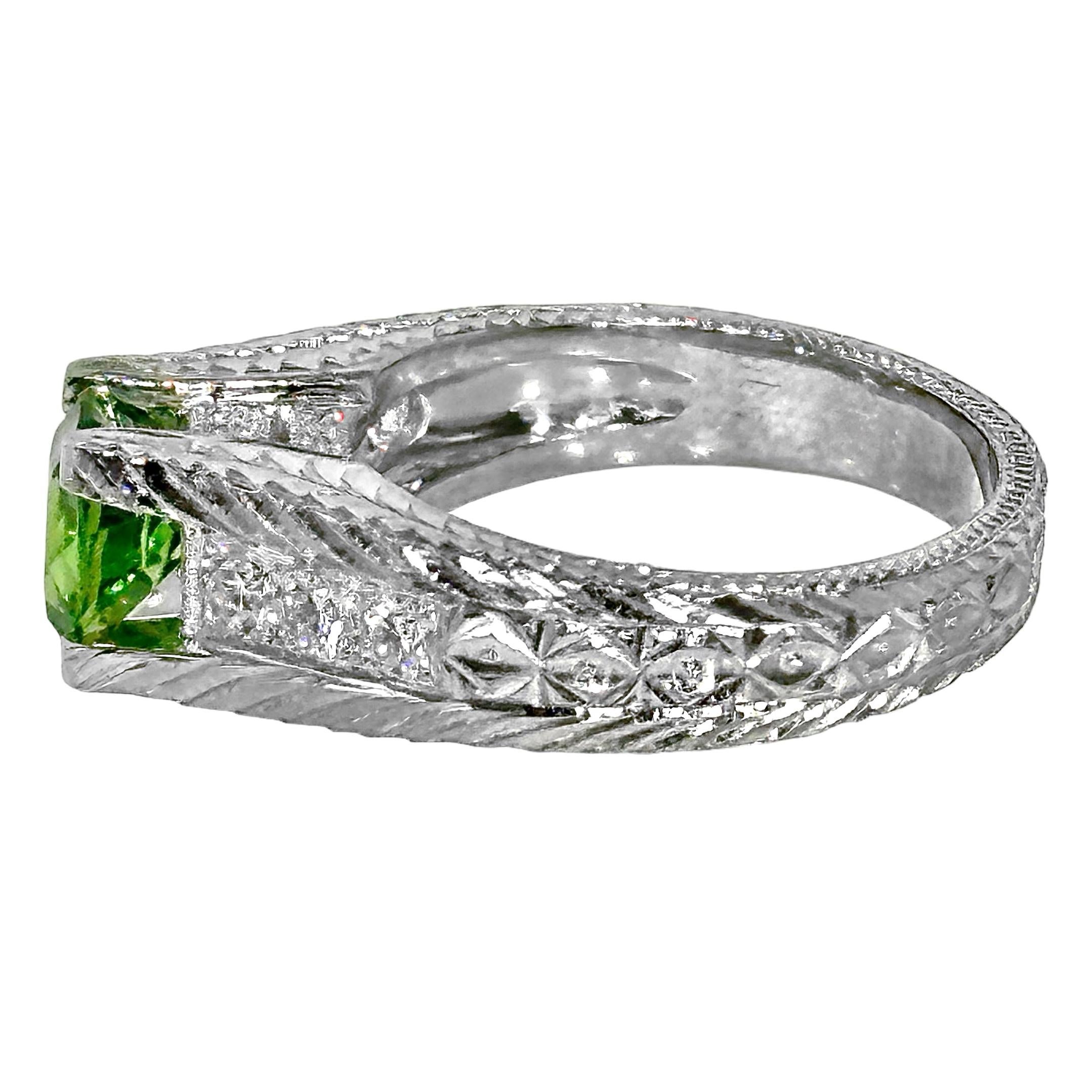 1.59Ct Cushion Cut Demantoid Garnet in an Engraved Platinum and Diamond Mounting In Excellent Condition For Sale In Palm Beach, FL