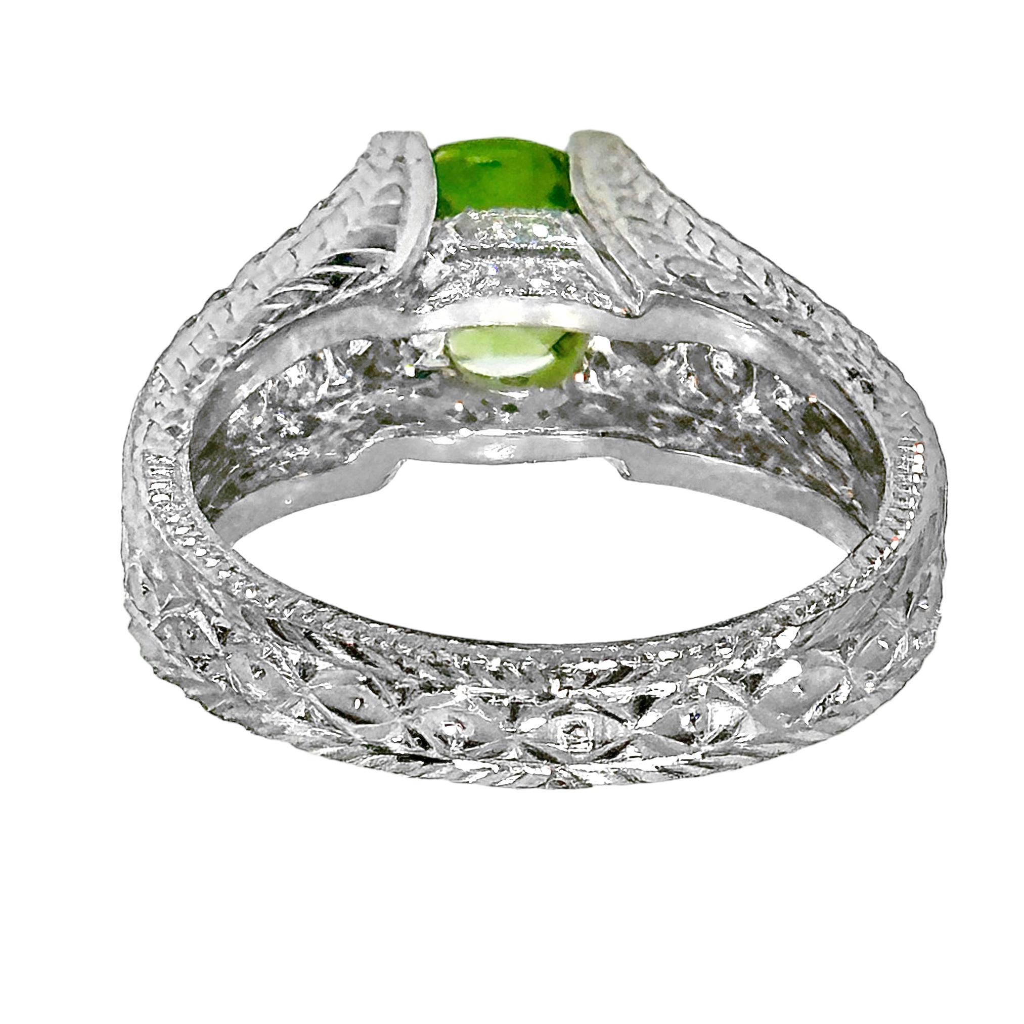 Women's 1.59Ct Cushion Cut Demantoid Garnet in an Engraved Platinum and Diamond Mounting For Sale