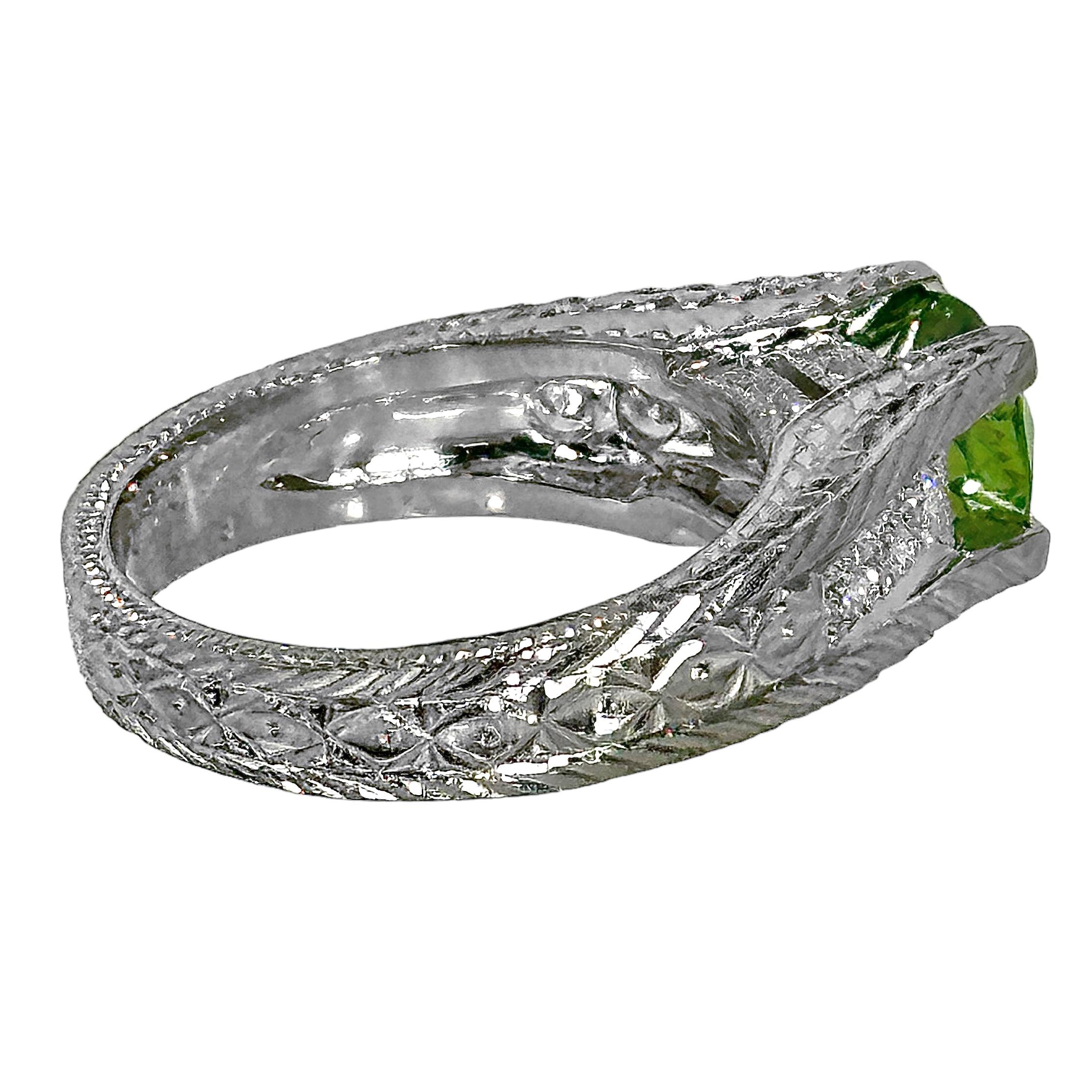 1.59Ct Cushion Cut Demantoid Garnet in an Engraved Platinum and Diamond Mounting For Sale 1