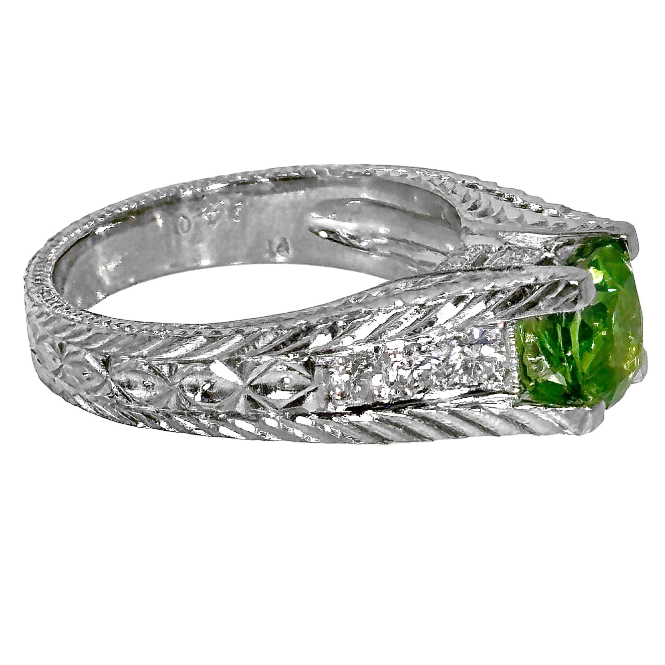 1.59Ct Cushion Cut Demantoid Garnet in an Engraved Platinum and Diamond Mounting For Sale 2
