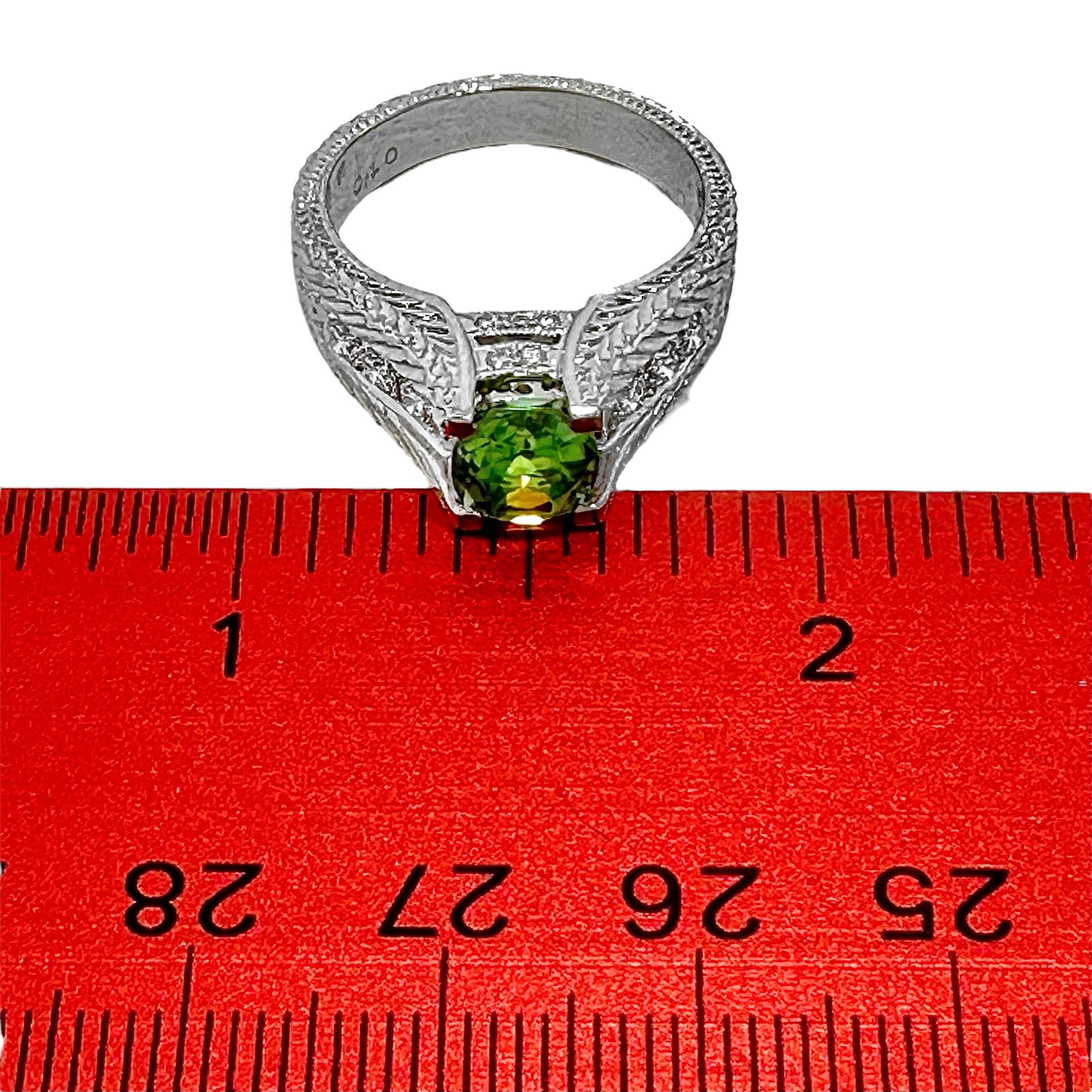 1.59Ct Cushion Cut Demantoid Garnet in an Engraved Platinum and Diamond Mounting For Sale 4