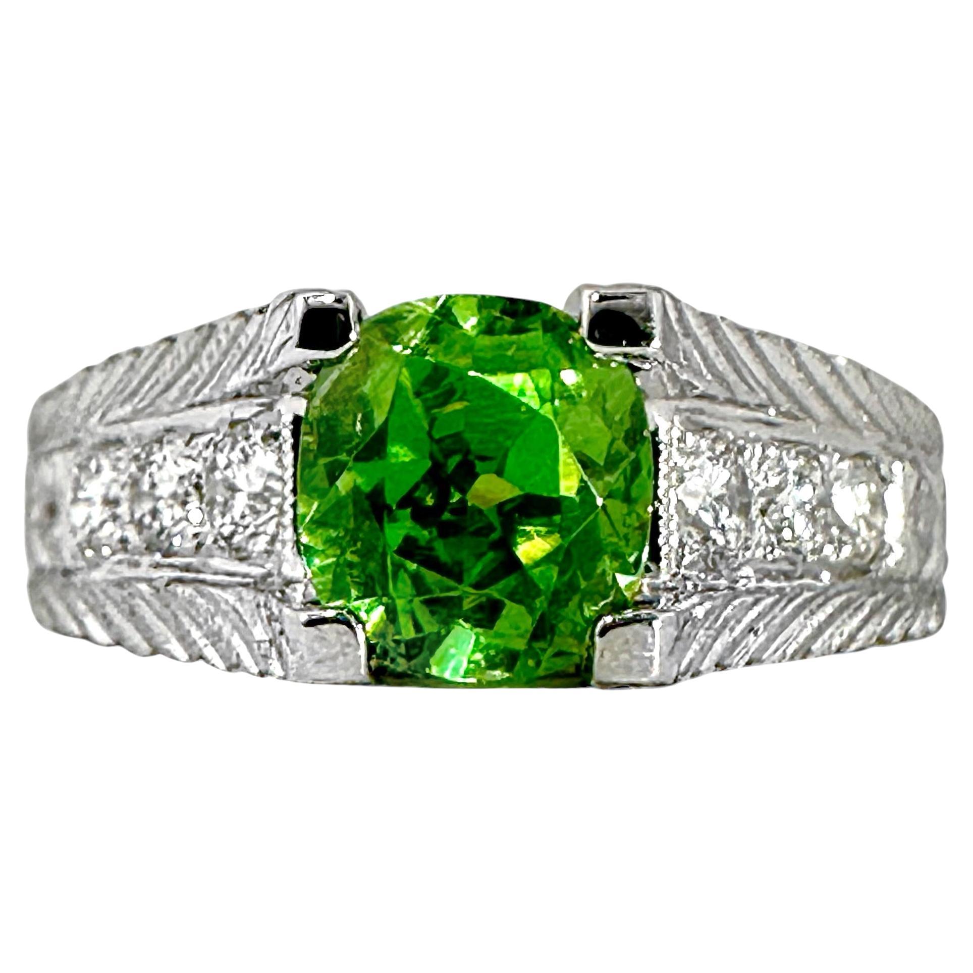 1.59Ct Cushion Cut Demantoid Garnet in an Engraved Platinum and Diamond Mounting For Sale