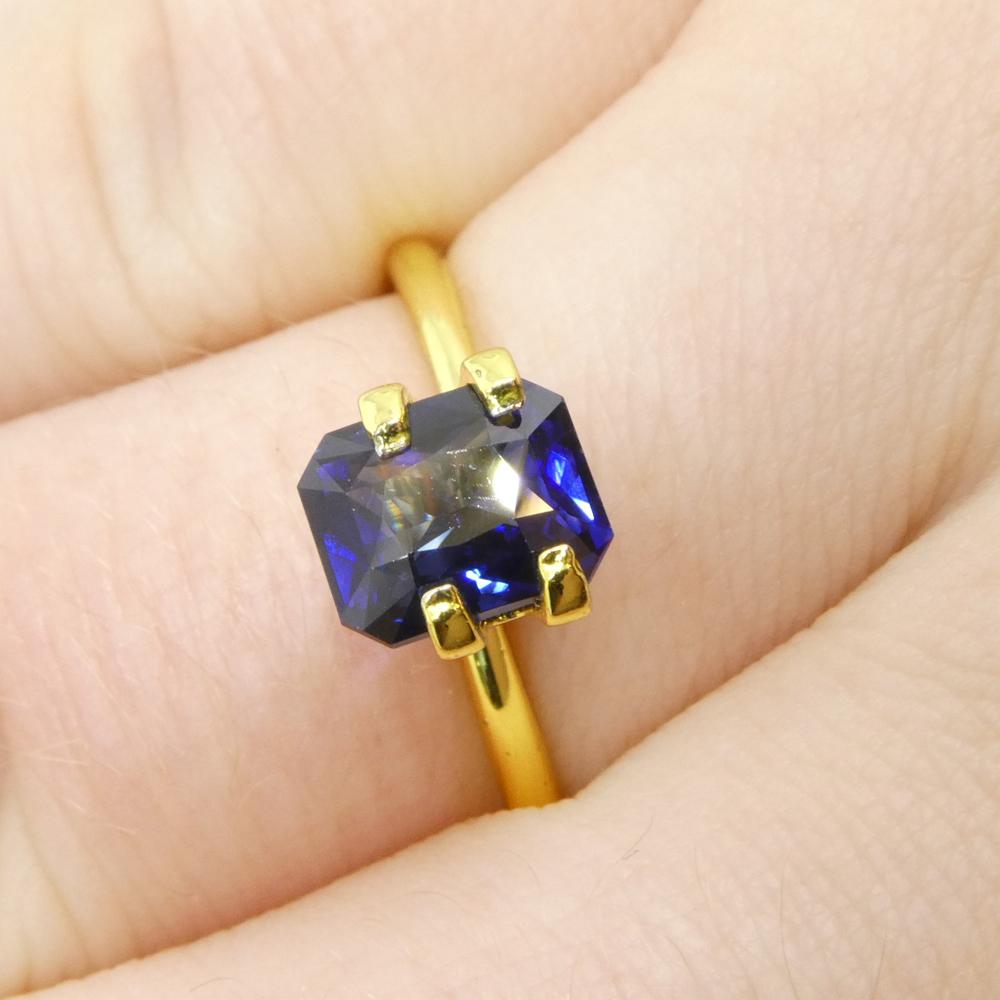 Description:

Gem Type: Sapphire 
Number of Stones: 1
Weight: 1.59 cts
Measurements: 7.20 x 5.91 x 3.78 mm
Shape: Octagonal/Emerald Cut
Cutting Style Crown: Modified Brilliant Cut
Cutting Style Pavilion:  
Transparency: Transparent
Clarity: Very