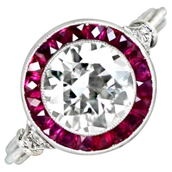 1.59 Ct Old Euro-Cut Diamond Engagement Ring, VS1 Clarity, Ruby Halo, Platinum For Sale