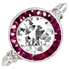 Bague de fiançailles en platine avec diamant taille européenne ancienne 1,59 carat, pureté VS1, halo de rubis