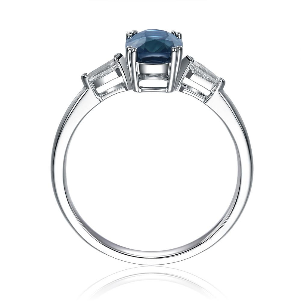 Uncut 1.59ct Teal Sapphire and Bullet Shape Diamond Engagement Ring 14K White Gold For Sale