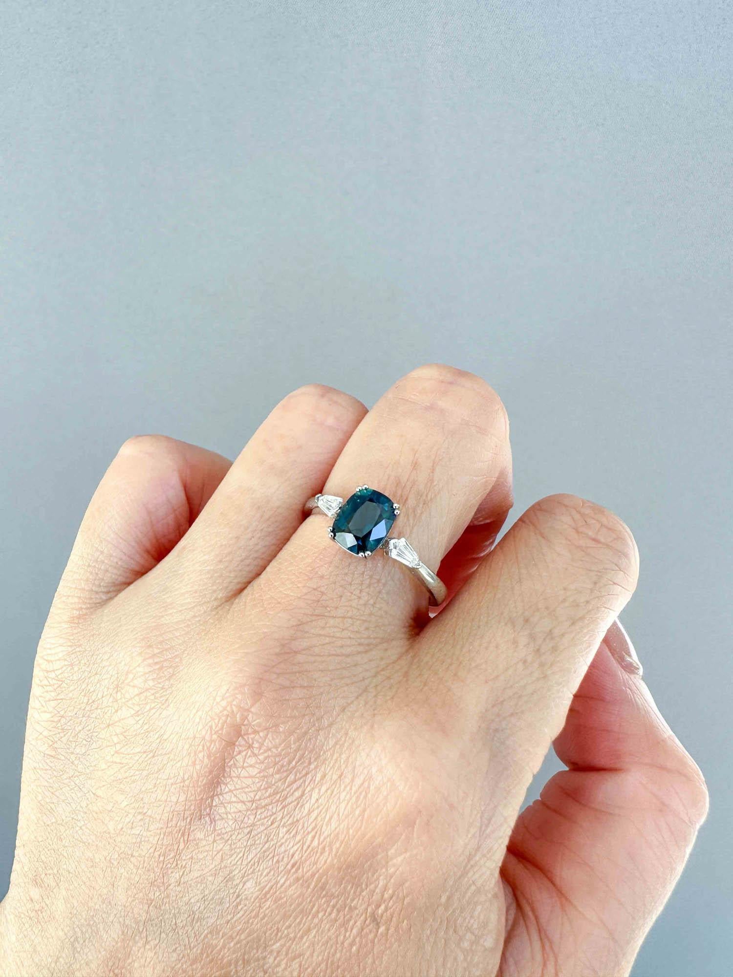 1.59ct Teal Sapphire and Bullet Shape Diamond Engagement Ring 14K White Gold For Sale 1