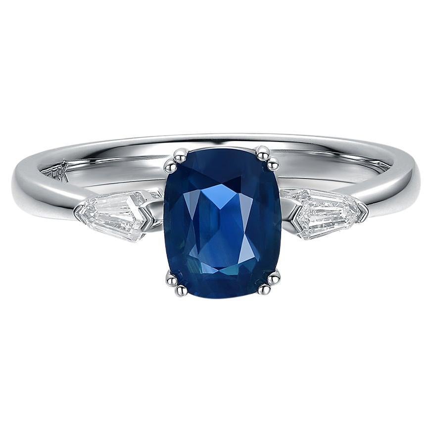 1.59ct Teal Sapphire and Bullet Shape Diamond Engagement Ring 14K White Gold For Sale