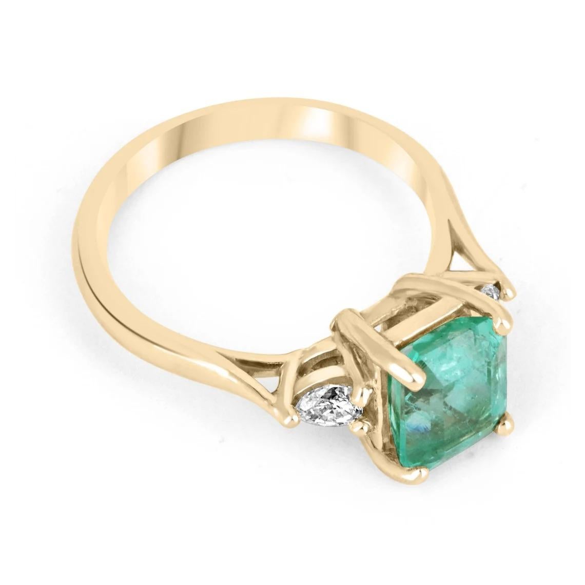 Modern 1.59tcw 14K Colombian Emerald-Emerald Cut & Pear Cut Diamond Three Stone Ring For Sale
