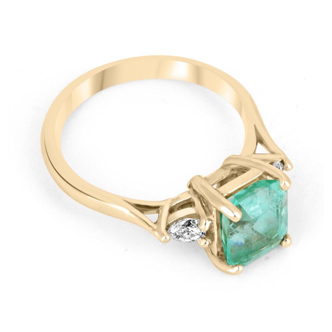 1,59 tcw 14K kolumbianischen Smaragd-Smaragd-Schliff & Birnenschliff Diamant Drei Stein Ring (Moderne) im Angebot