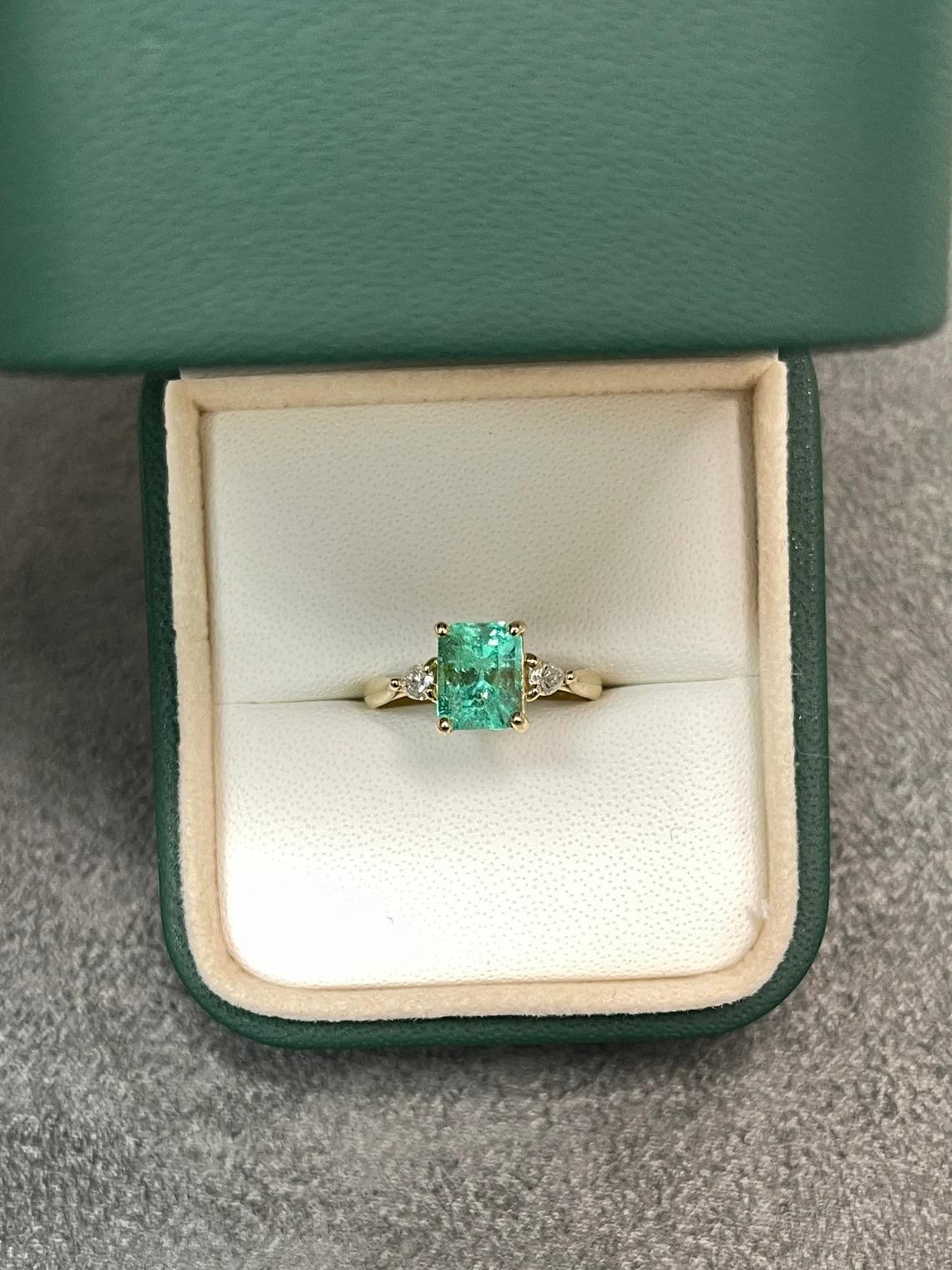 1.59tcw 14K Colombian Emerald-Emerald Cut & Pear Cut Diamond Three Stone Ring In New Condition For Sale In Jupiter, FL