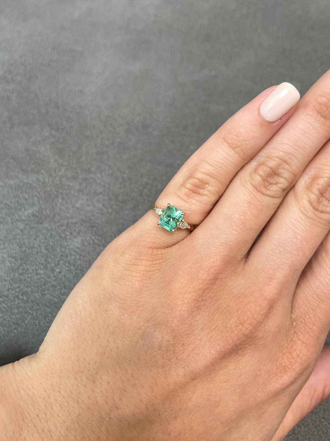 1.59tcw 14K Colombian Emerald-Emerald Cut & Pear Cut Diamond Three Stone Ring For Sale 4