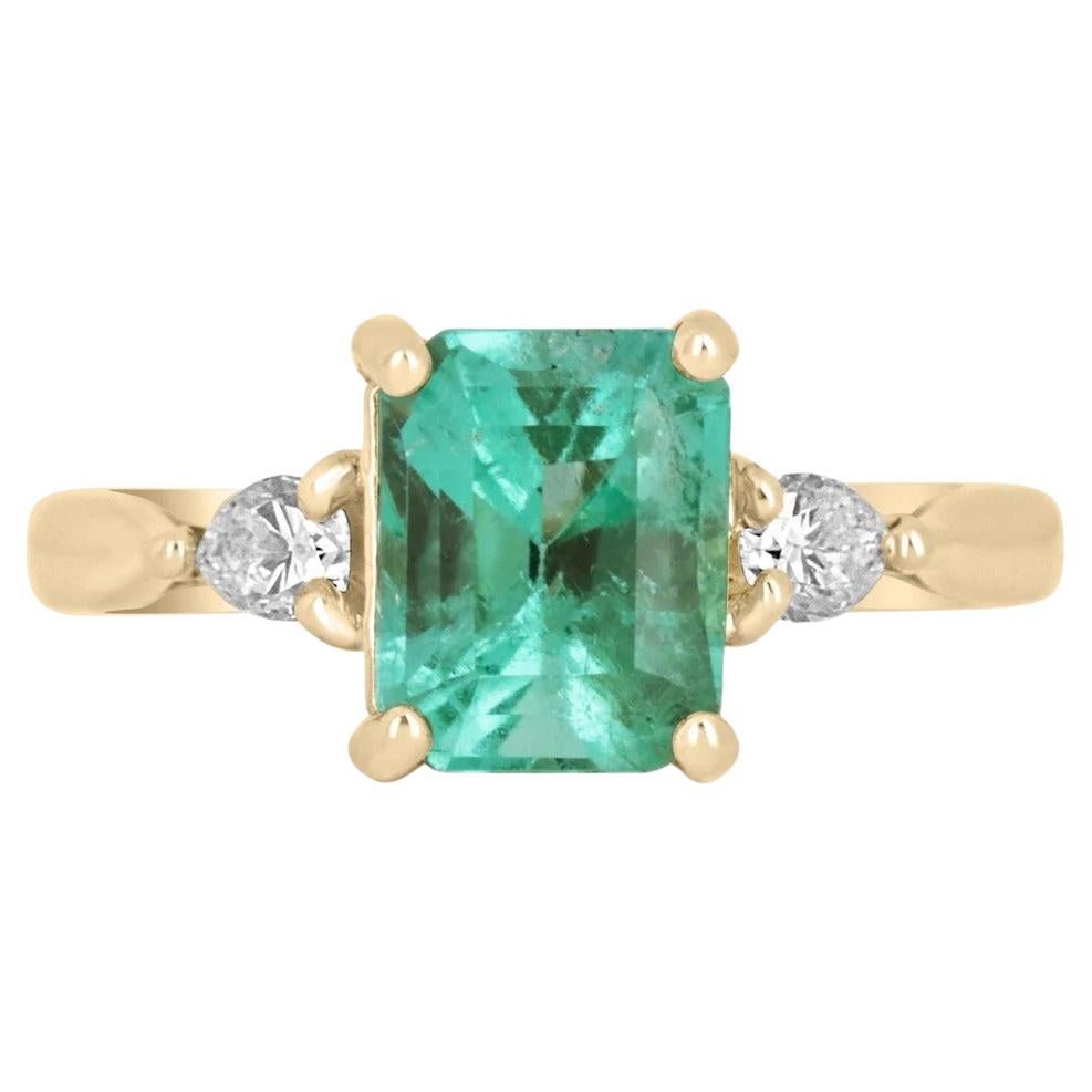 1.59tcw 14K Colombian Emerald-Emerald Cut & Pear Cut Diamond Three Stone Ring For Sale