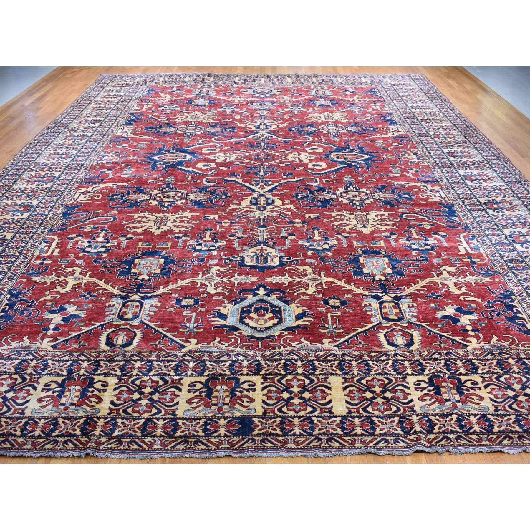 Fire Brick Red, Super Kazak All Over Design, 100% Wool, Hand Knotted, Oversized with Extra Width, Oriental rug
Primary materials: Wool
Latex: No Pile 
height: 0.25 Inches
Style: Traditional
Primary color: Red
Secondary colors: Blue, Cream Color,