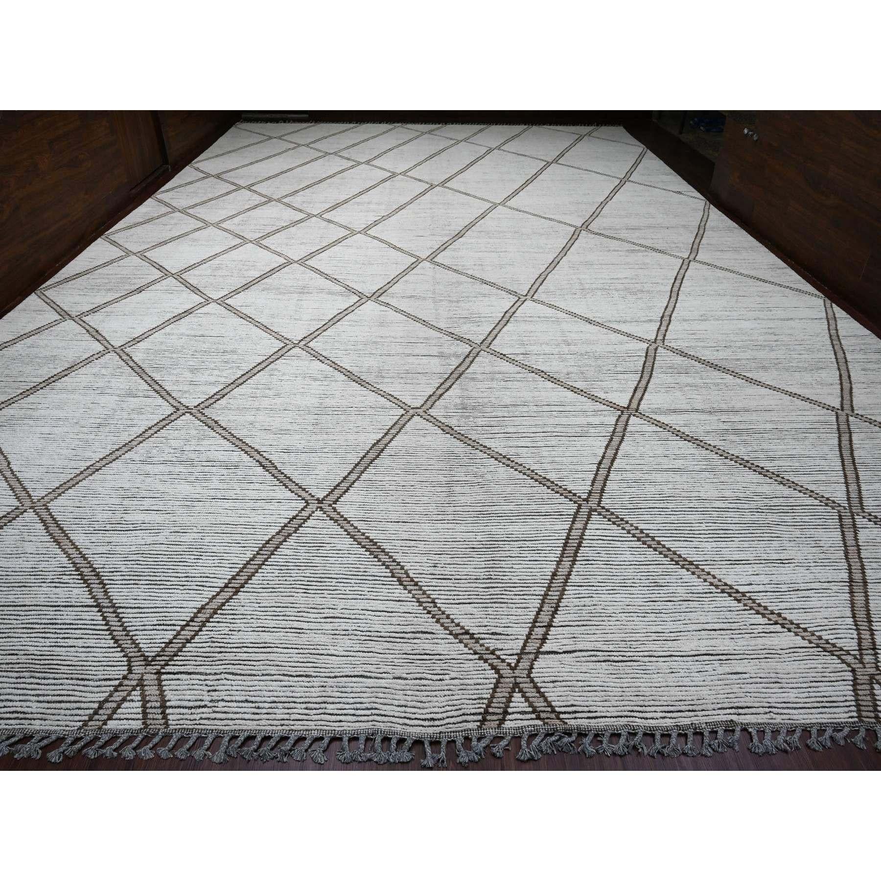 Whisper White, Moroccan Weave with Geometric Pattern, Textured Wool, Hand Knotted, Palace Size, Oriental Rug
Primary materials: Wool
Latex: No Pile 
height: 0.25 Inches
Style: Traditional
Primary color: Ivory
Secondary colors: Chocolate