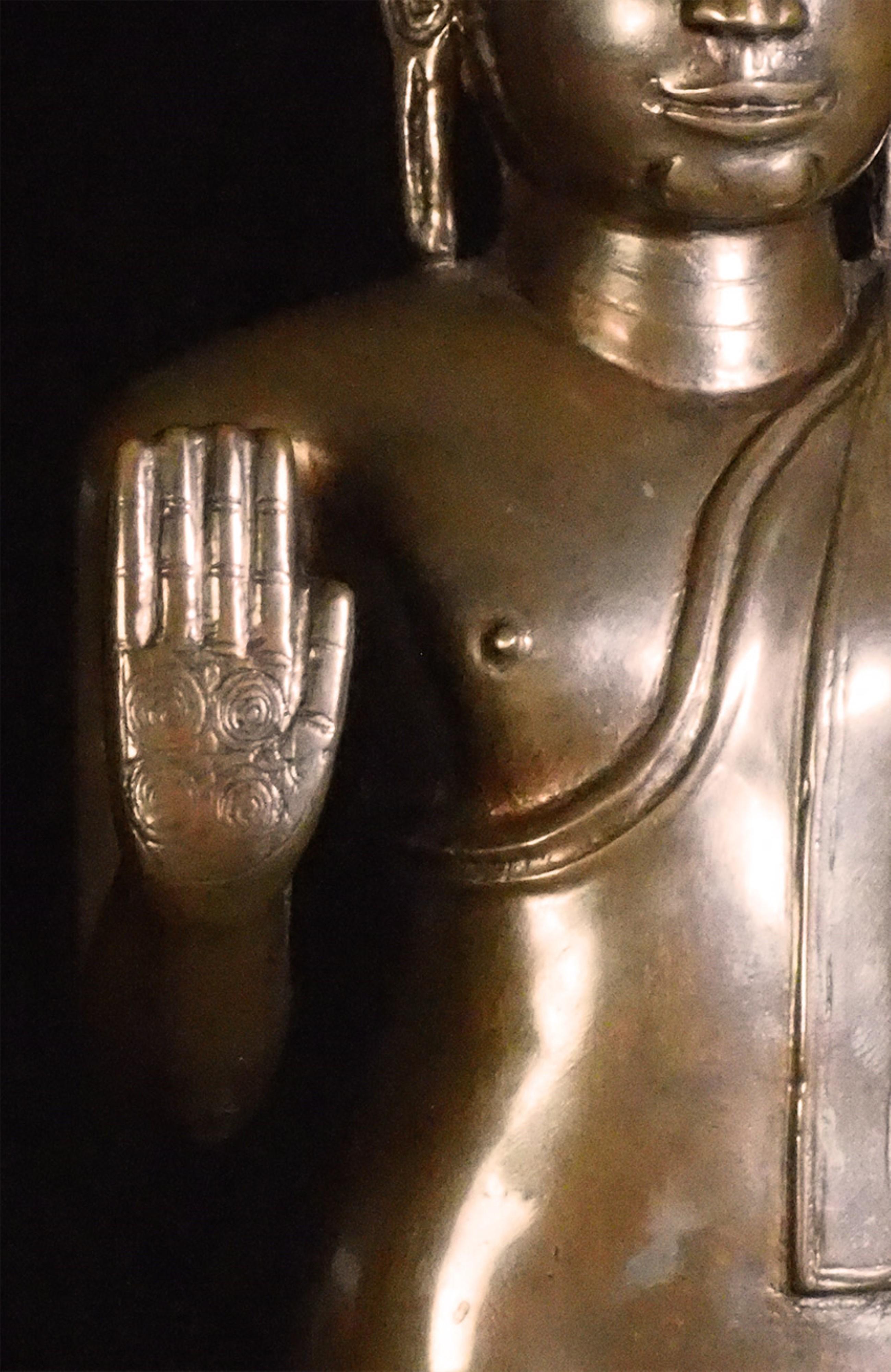 15thC Sri Lankan Divided Kingdom Period Standing Bronze Buddha. Looks to have a high silver content in the alloy based on the sheen of the surface and the softness of the surface. Quite rare to find a figure from this period in this large size and