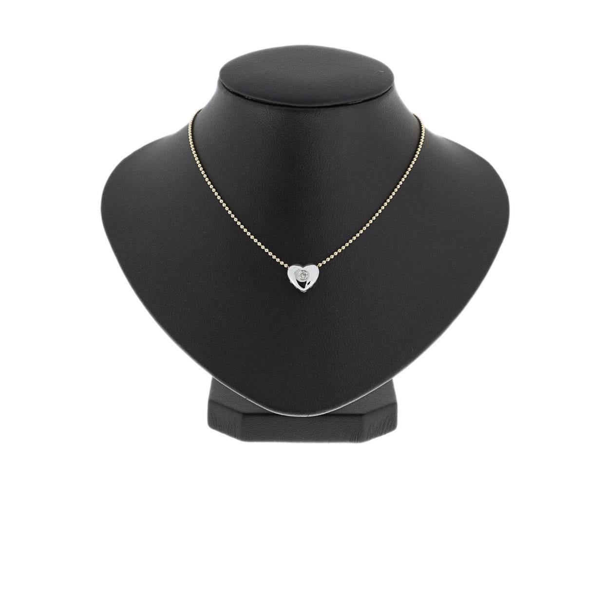 Simple and elegant is the best way to describe this stunning pendant! It features a sparkly round brilliant diamond weighing .15 carat that grades as H/SI2 in quality.  The diamond is set in a heart-shaped white gold pendant, which is on a 14k
