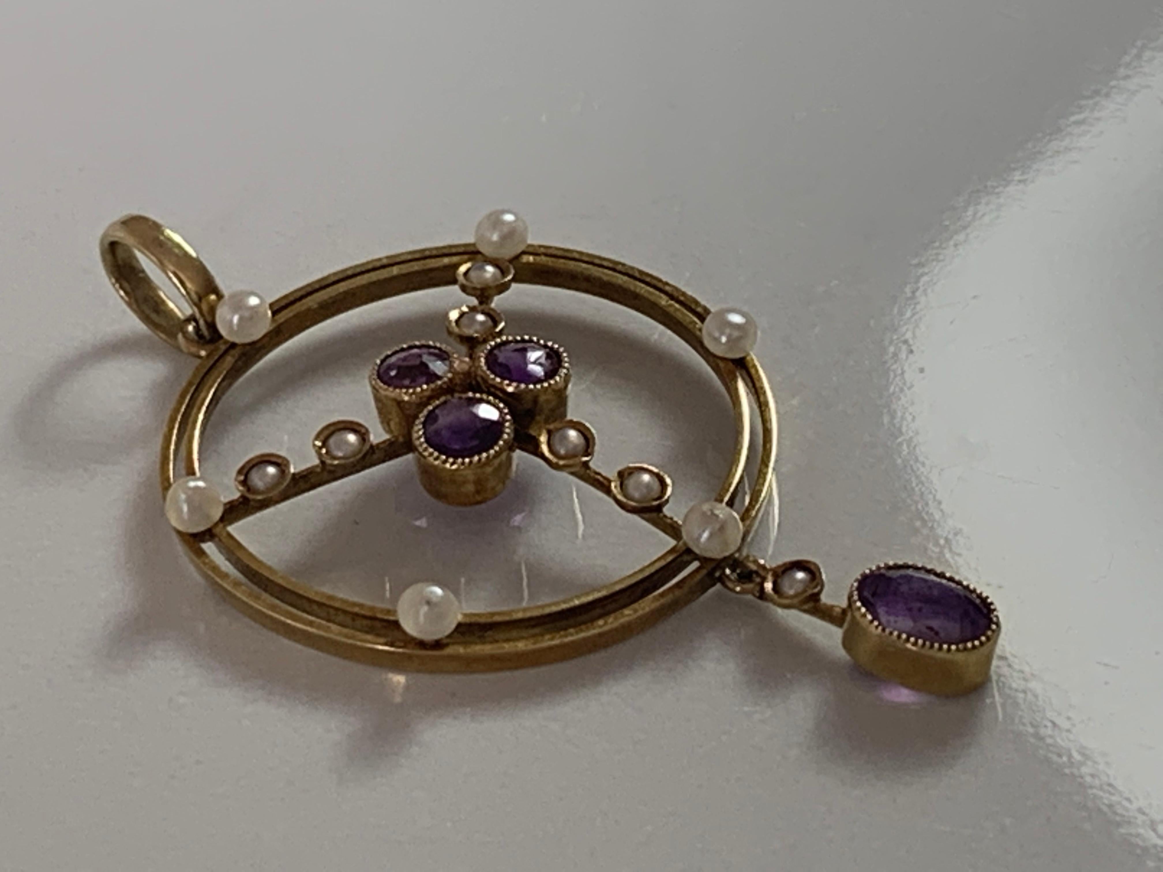 Edwardian 15ct 585 Gold Antique Pearl & Amethyst Pendant For Sale