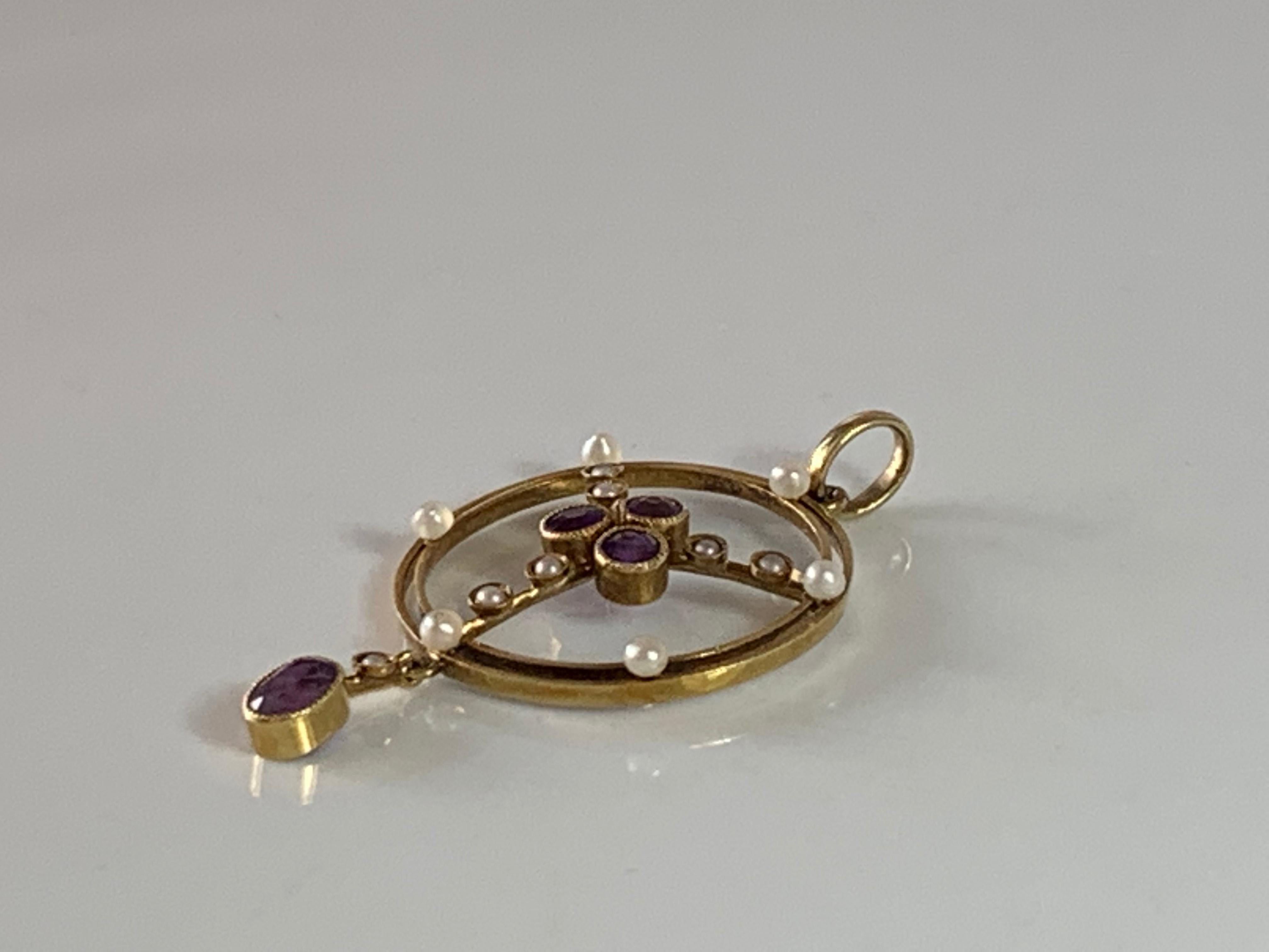 Round Cut 15ct 585 Gold Antique Pearl & Amethyst Pendant For Sale