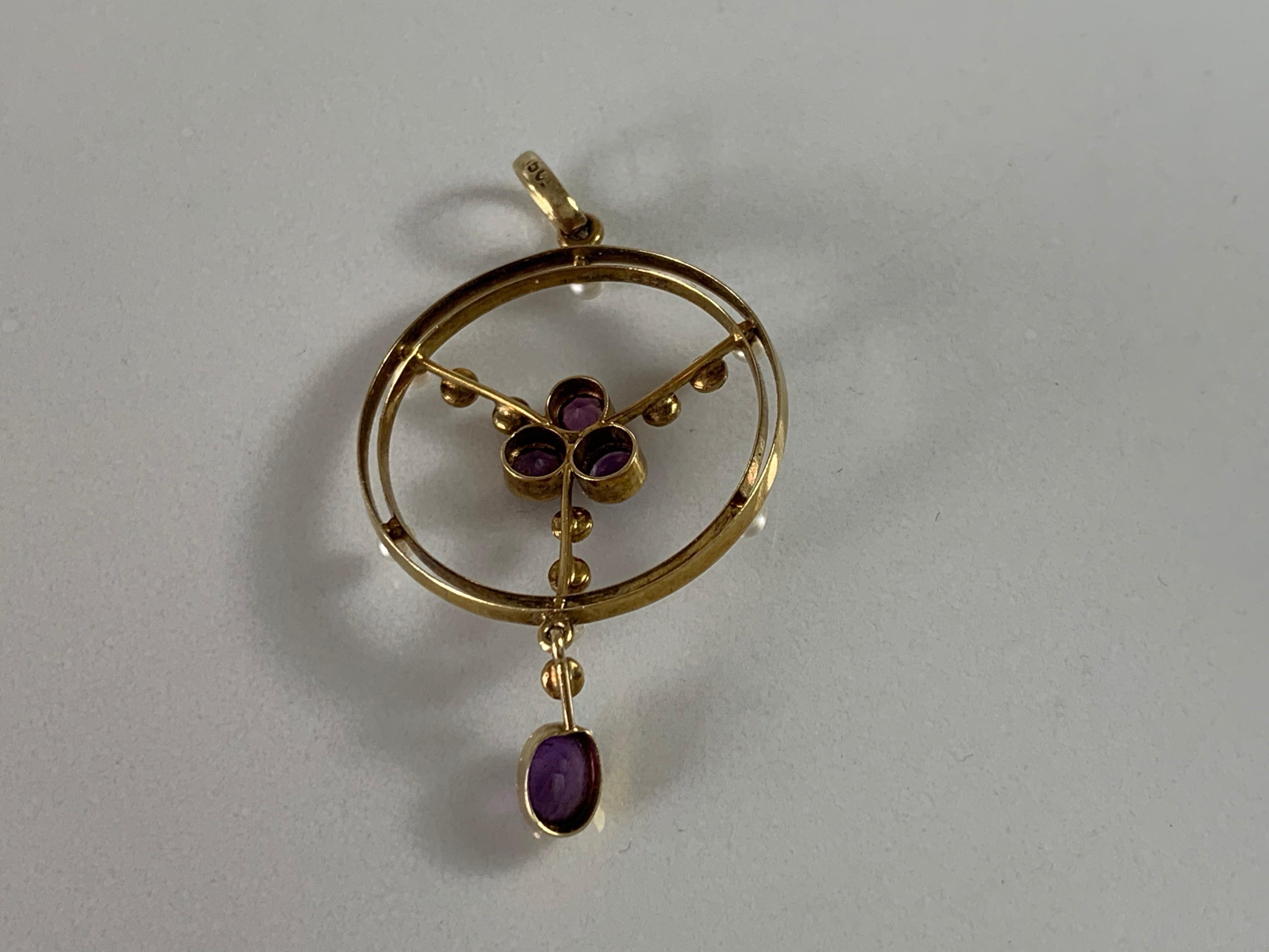 15ct 585 Gold Antique Pearl & Amethyst Pendant For Sale 1