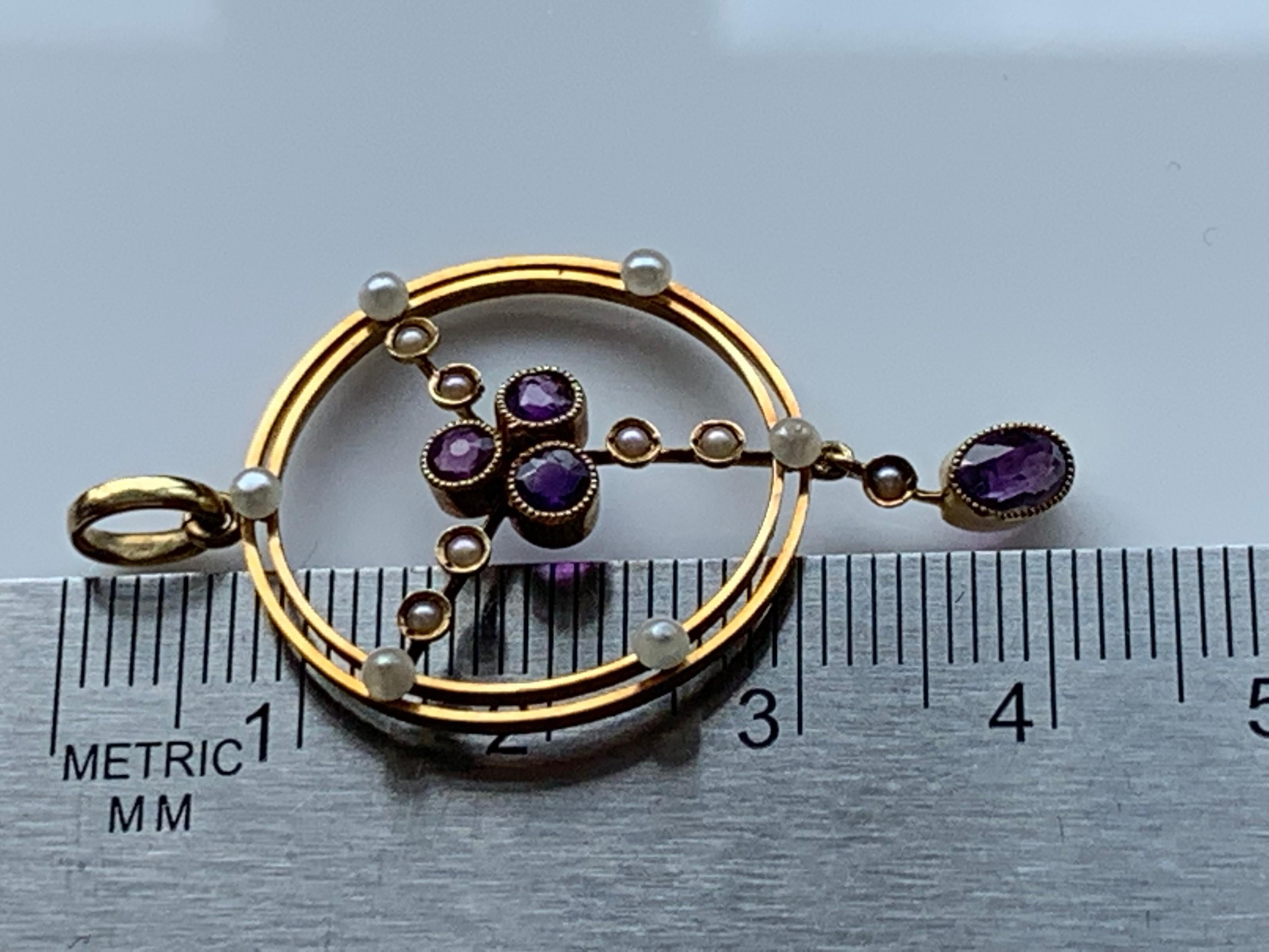 15ct 585 Gold Antique Pearl & Amethyst Pendant For Sale 2