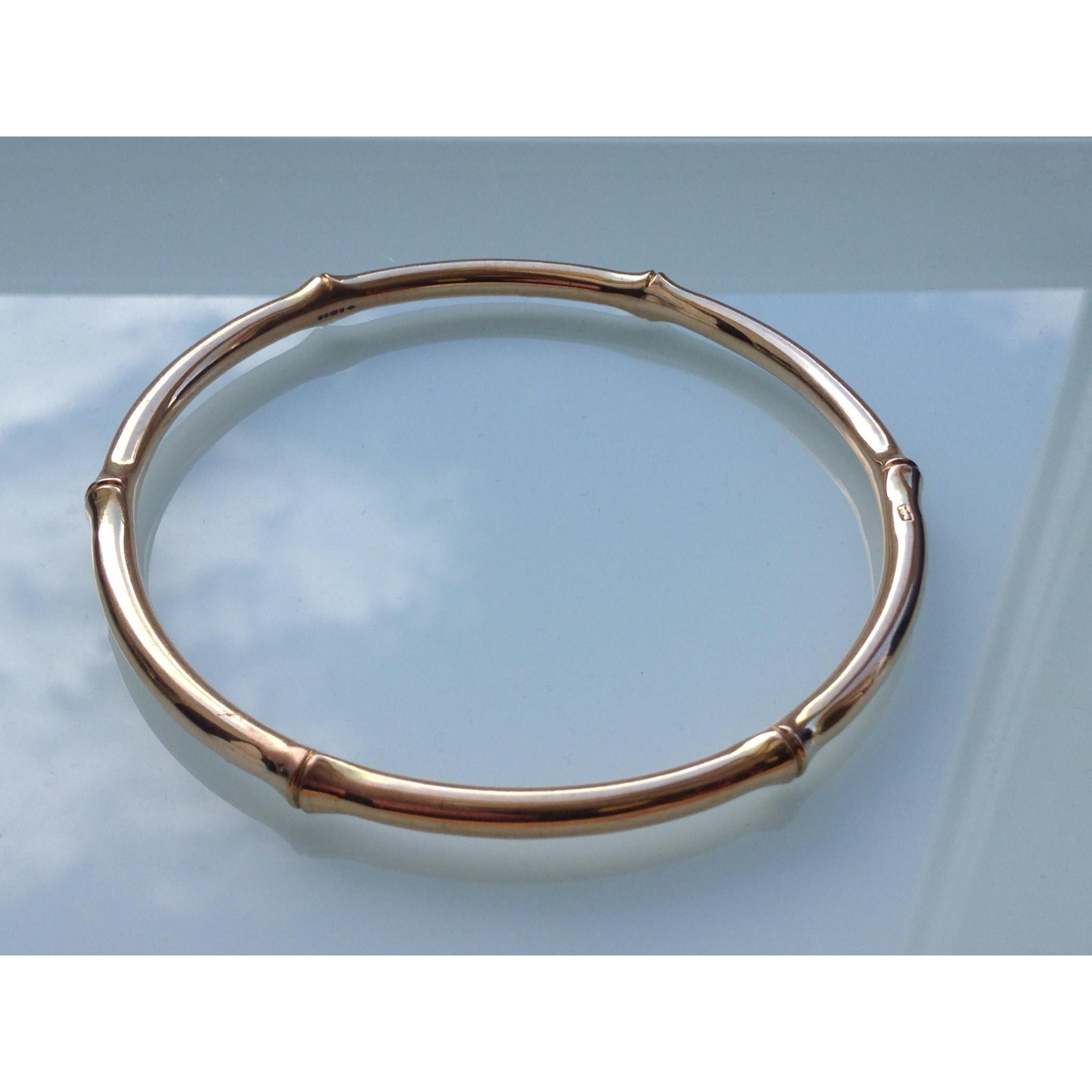 15ct 625 Antique Rose Gold Bamboo Design Bangle

Rare Large Sized Hollow Bangle
Dated 1880s
A Beautiful  simplistic very modern timeless designed antique bangle
Suitable for a Woman or Gentleman 
Fully Hallmarked in 2017 by London Jeweller
