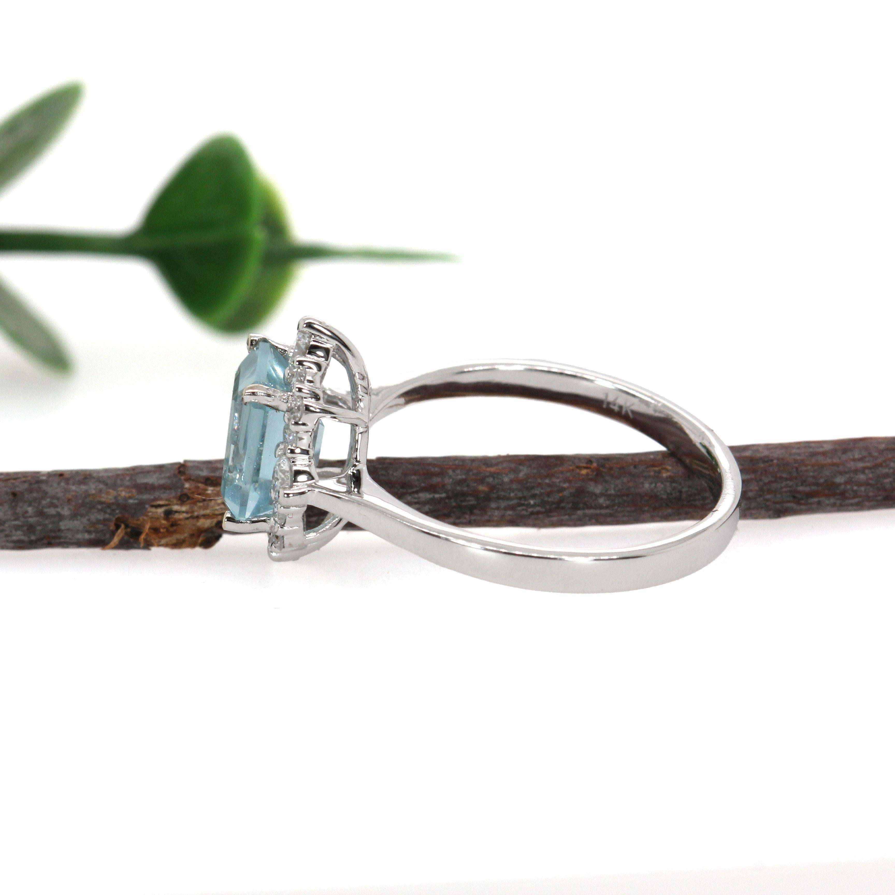 1.5ct Aquamarine Ring w Natural Diamond Halo in 14K Gold  EM 8x6mm For Sale 1