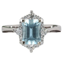 Anello con acquamarina da 1,5 carati e diamante naturale a raggiera in oro 14K  EM 8x6mm