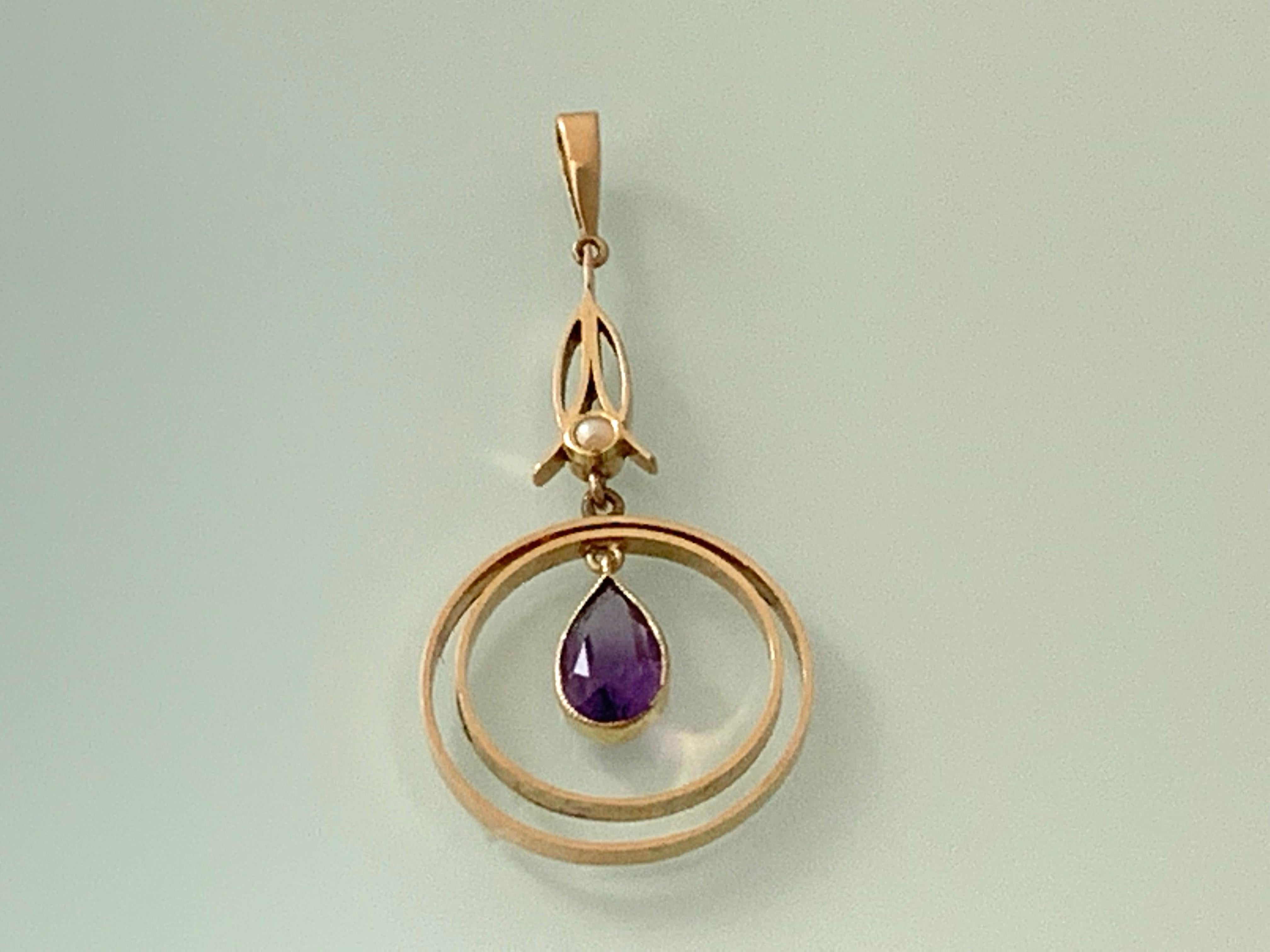 15ct Art Deco Amethyst & Pearl Swing Pendant In Excellent Condition In London, GB