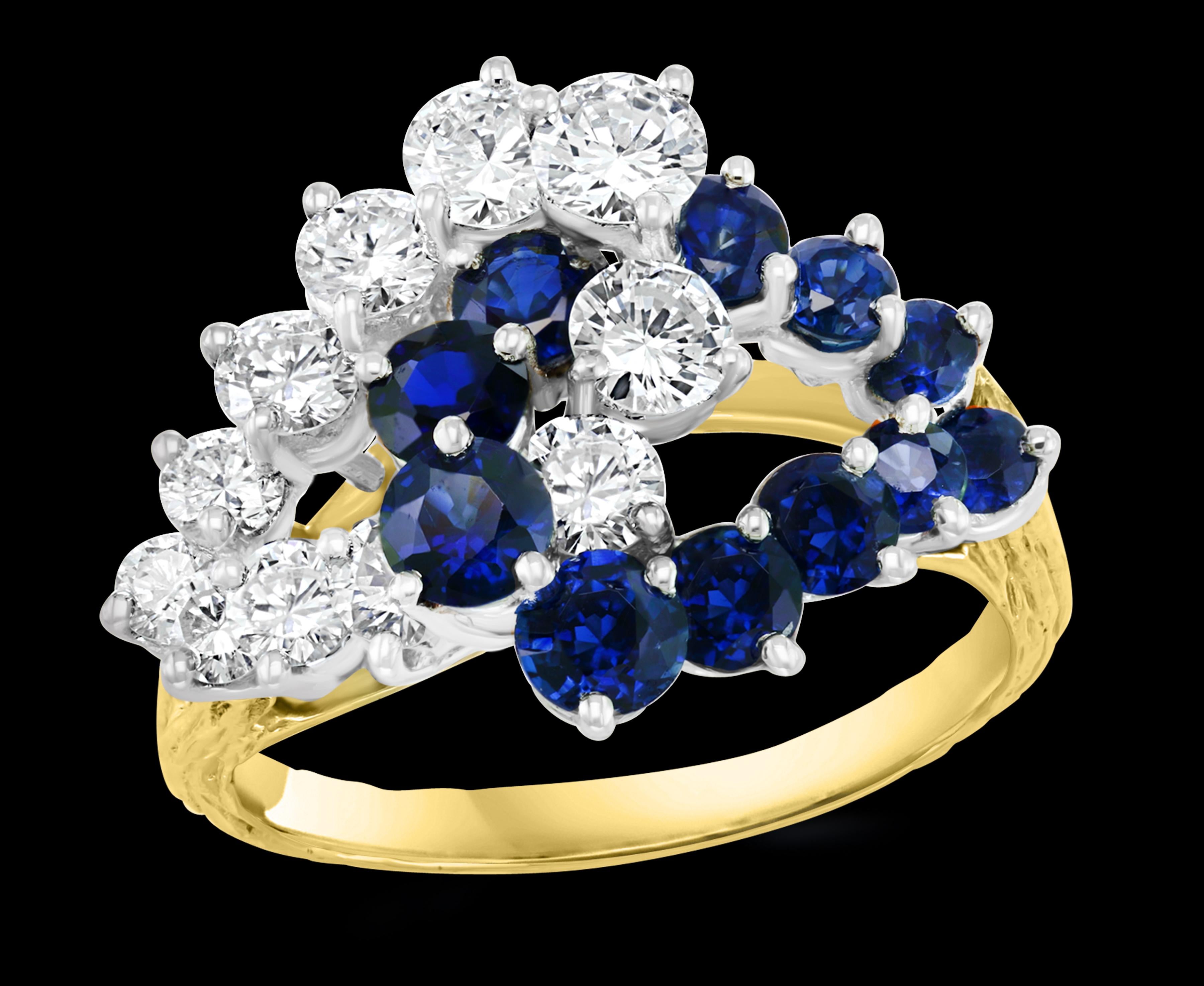 Approximately 1.5 Ct Blue Sapphire & 1.4 Ct Diamond Cocktail Ring  18 Karat Yellow Gold Estate
1.5 Carat of blue Sapphire. This is an estate piece 
Round Brilliant cut diamond.    Total Diamond Weight of  brilliant  Round cut diamonds approximately