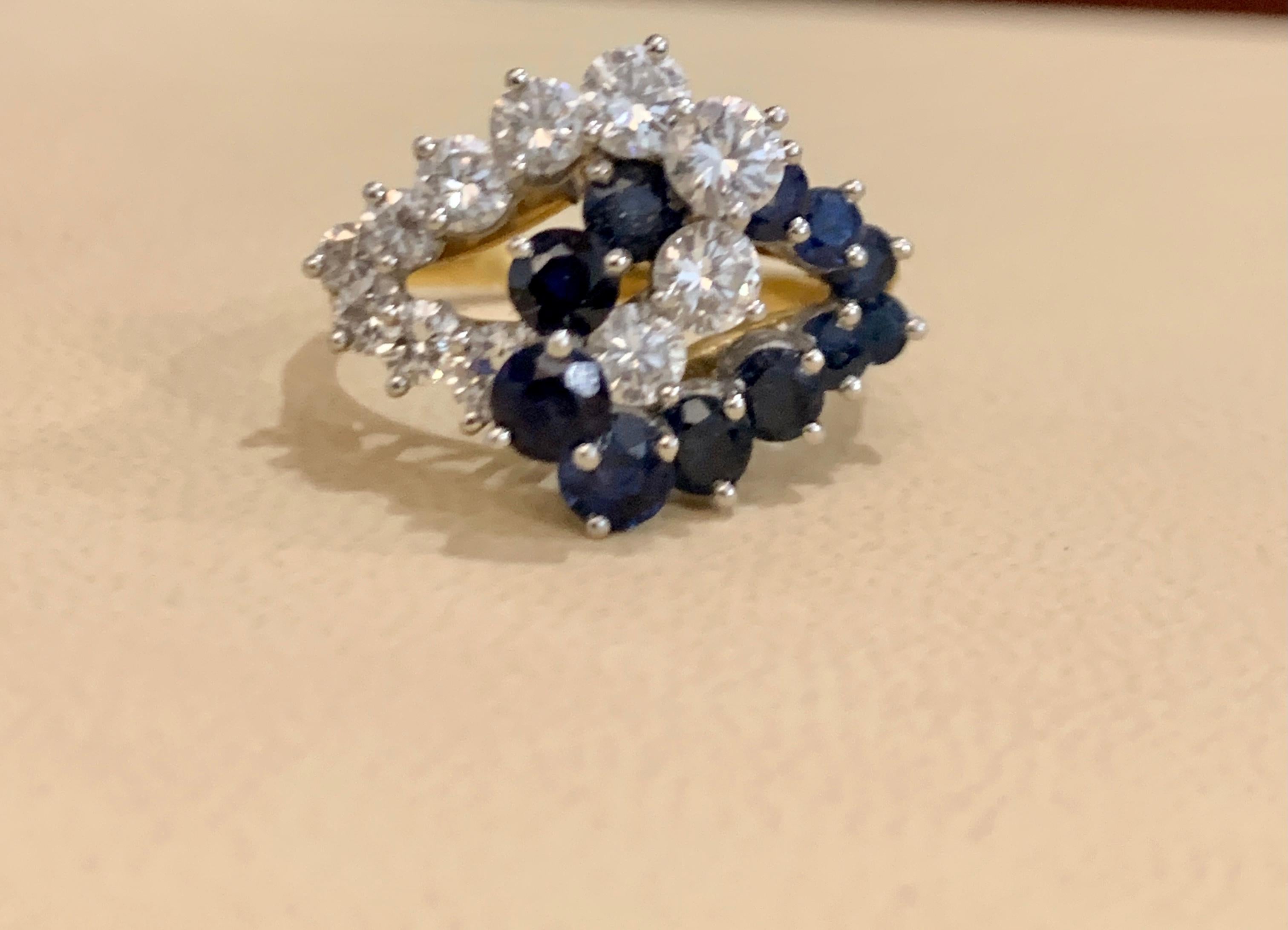 Women's 1.5 Ct Blue Sapphire & 1.4 Ct Diamond Cocktail Ring 18 Karat Yellow Gold Estate