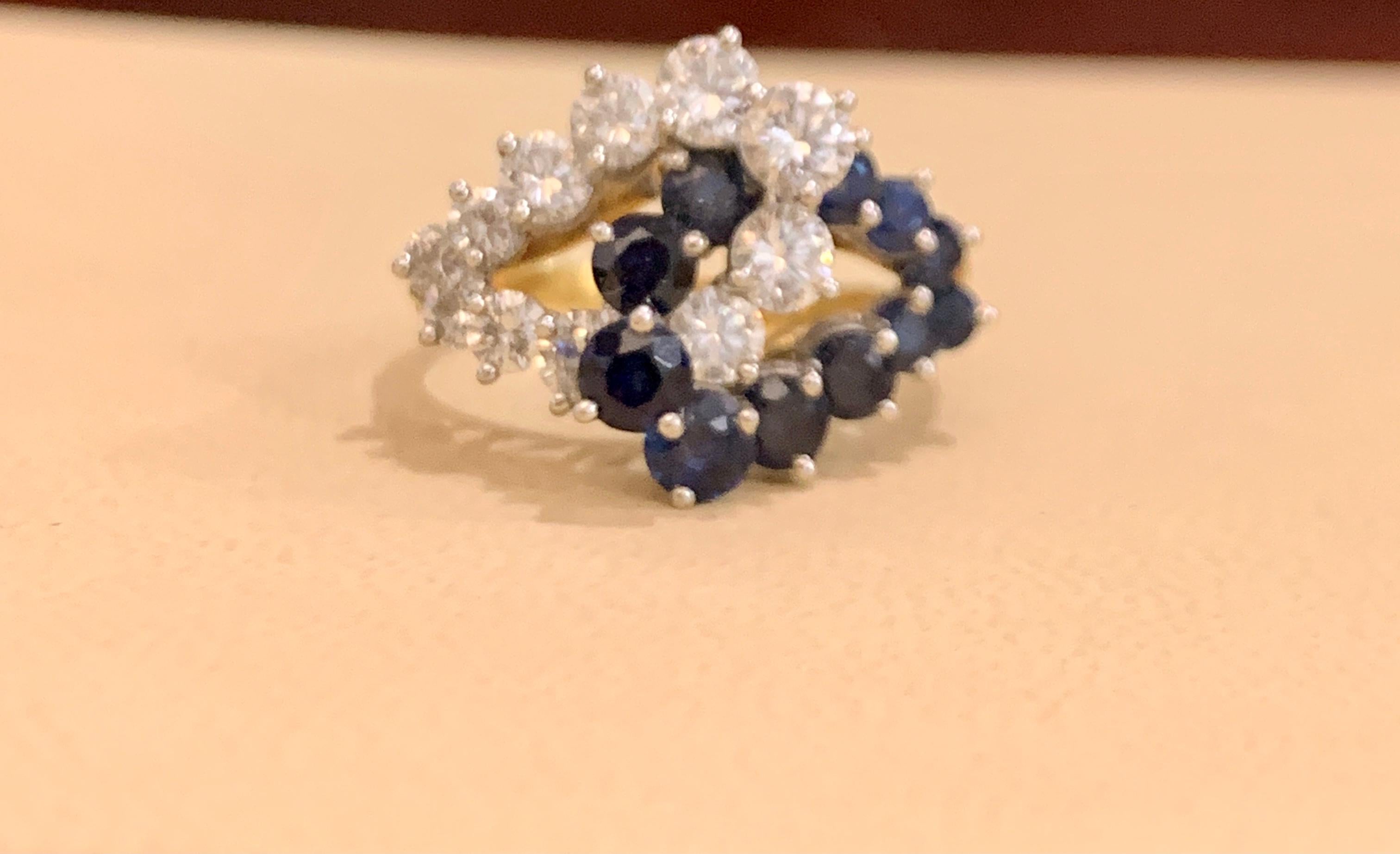 1.5 Ct Blue Sapphire & 1.4 Ct Diamond Cocktail Ring 18 Karat Yellow Gold Estate 1