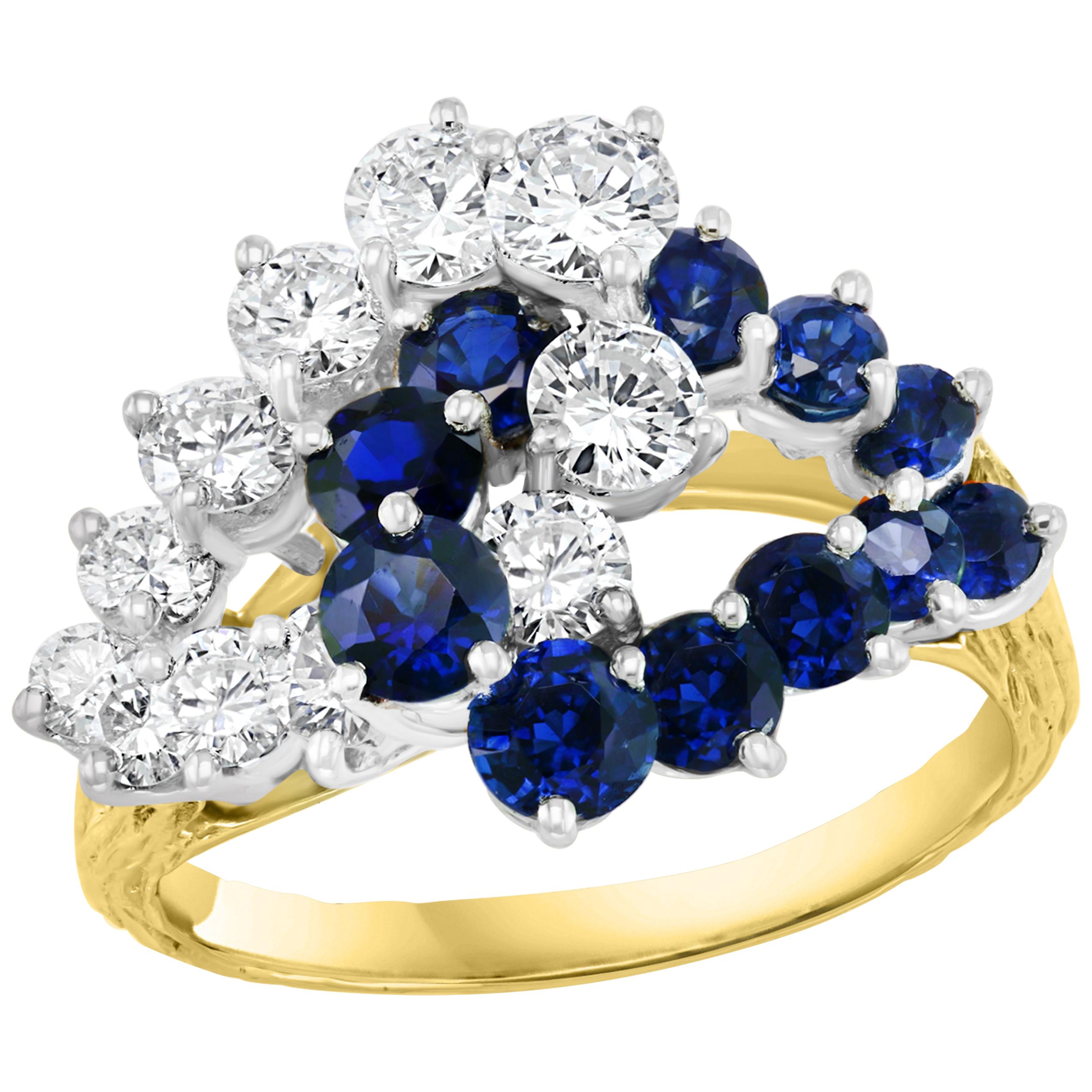 1.5 Ct Blue Sapphire & 1.4 Ct Diamond Cocktail Ring 18 Karat Yellow Gold Estate
