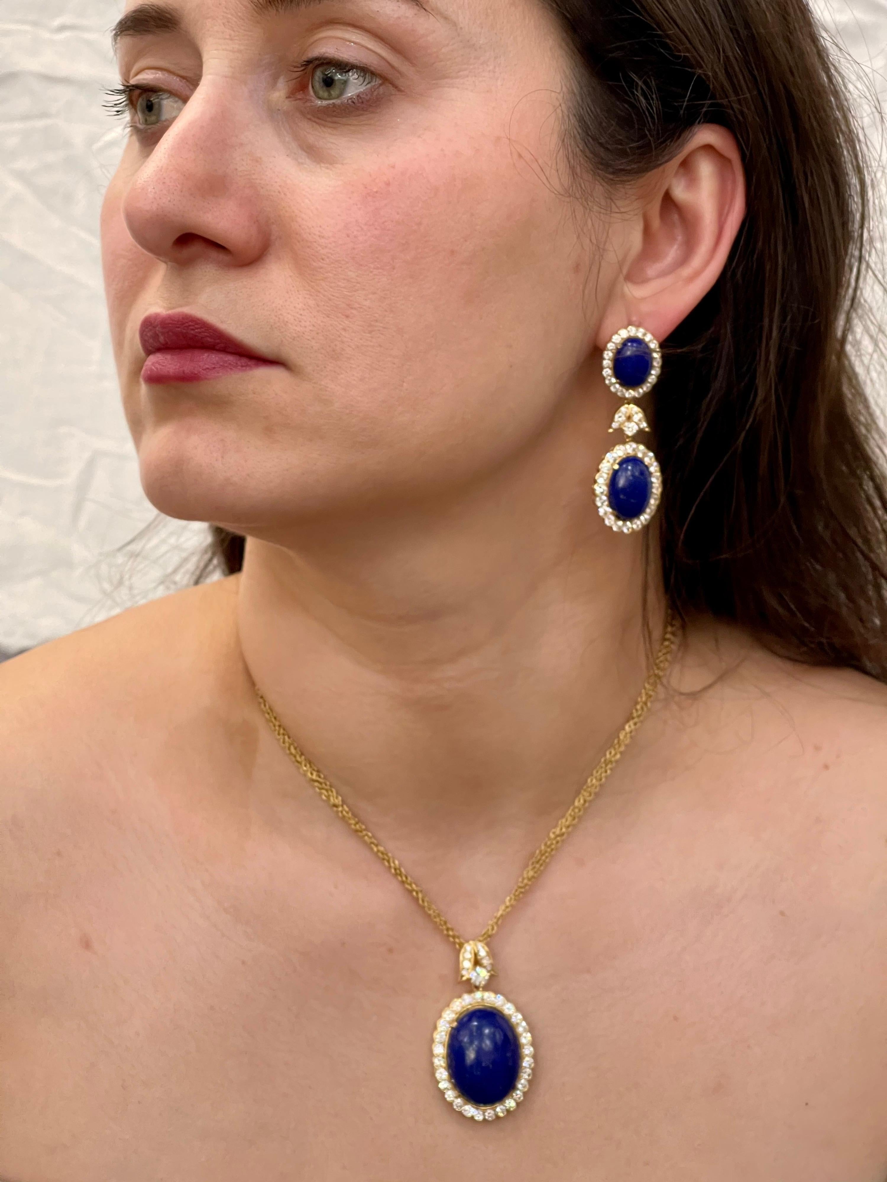 15Ct Diamond & 30Ct Natural Lapis Lazuli Set 18 K Y Gold, Ring, Earring, Pendant For Sale 4