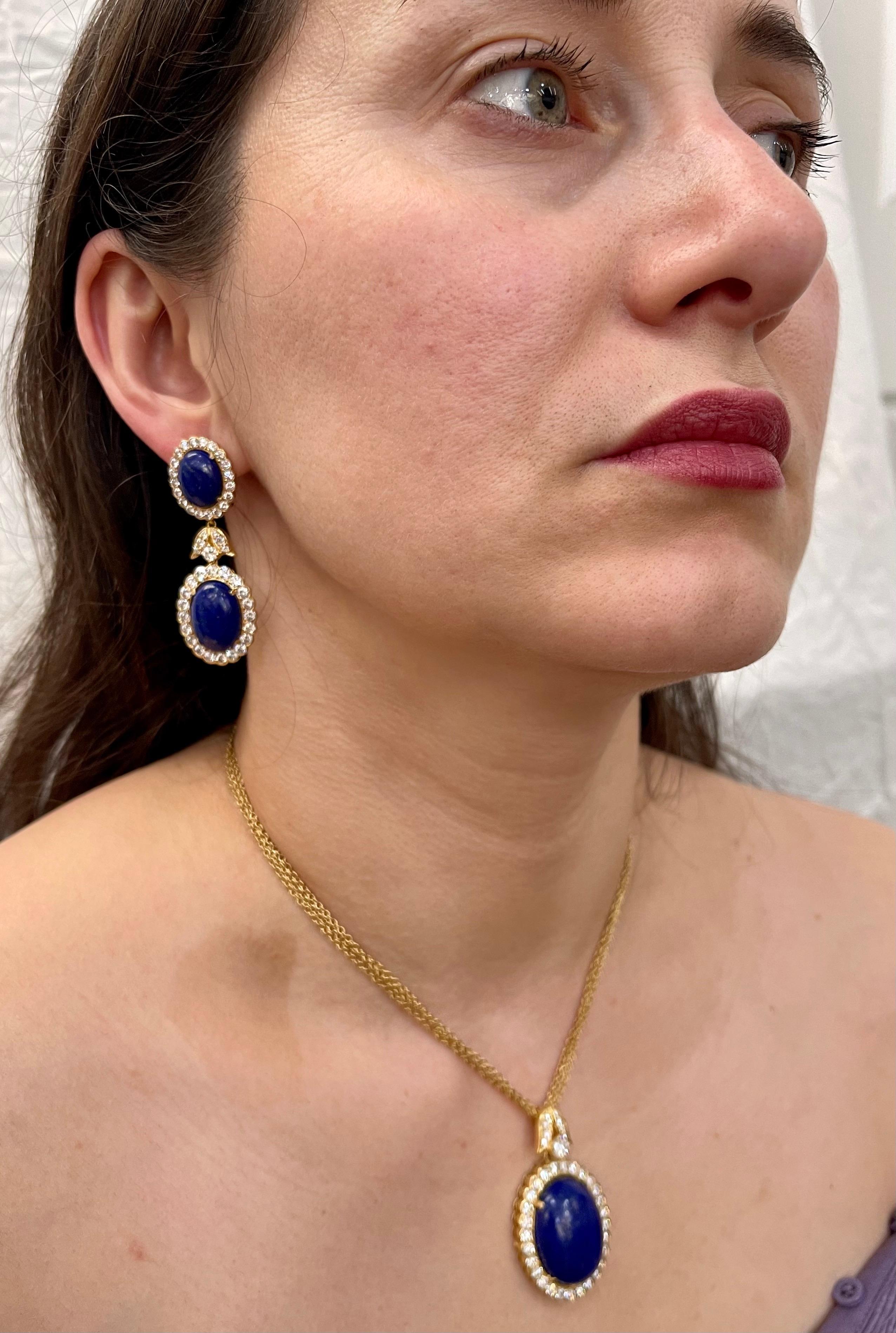15Ct Diamond & 30Ct Natural Lapis Lazuli Set 18 K Y Gold, Ring, Earring, Pendant For Sale 8