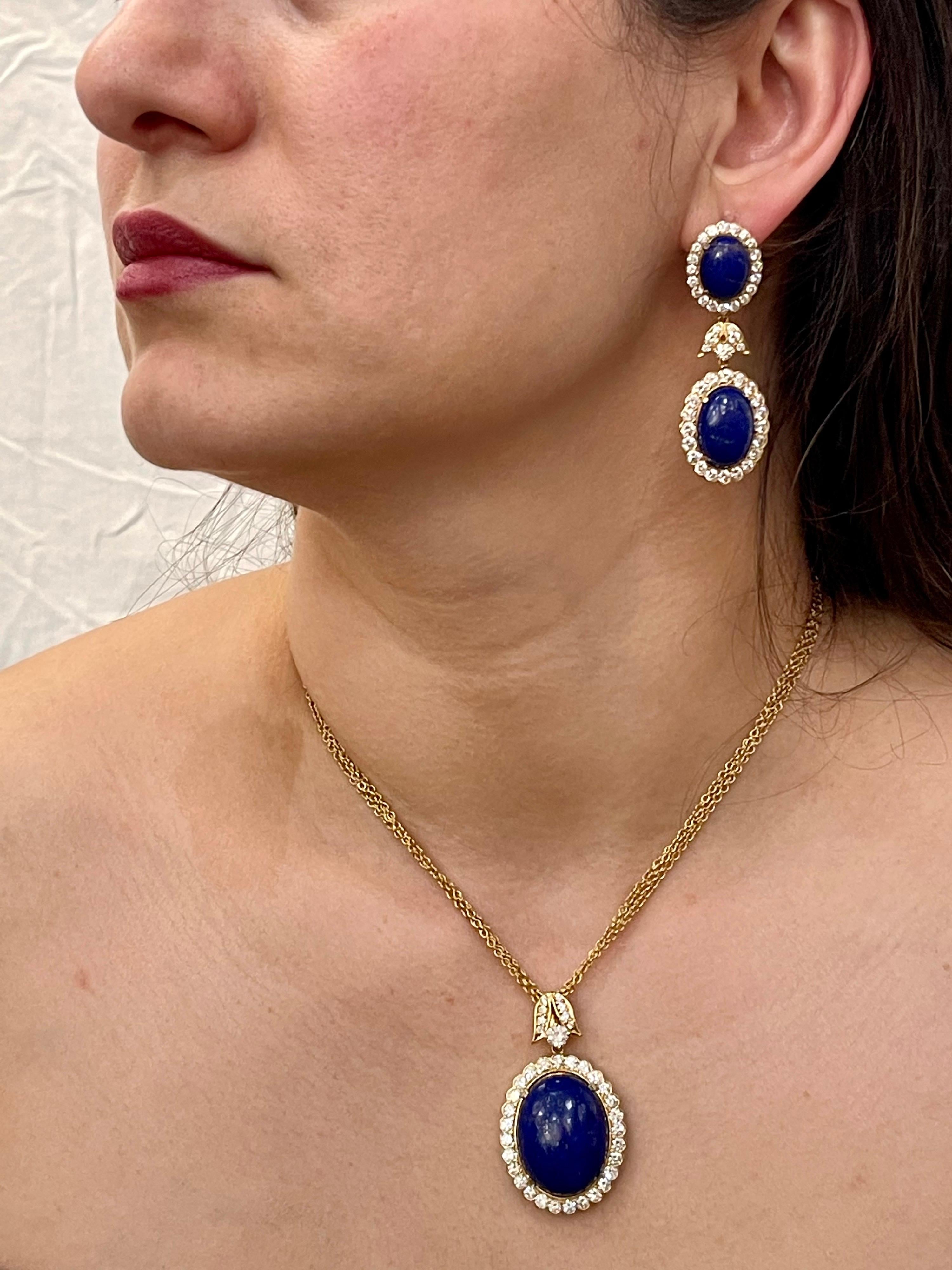 15Ct Diamond & 30Ct Natural Lapis Lazuli Set 18 K Y Gold, Ring, Earring, Pendant For Sale 9