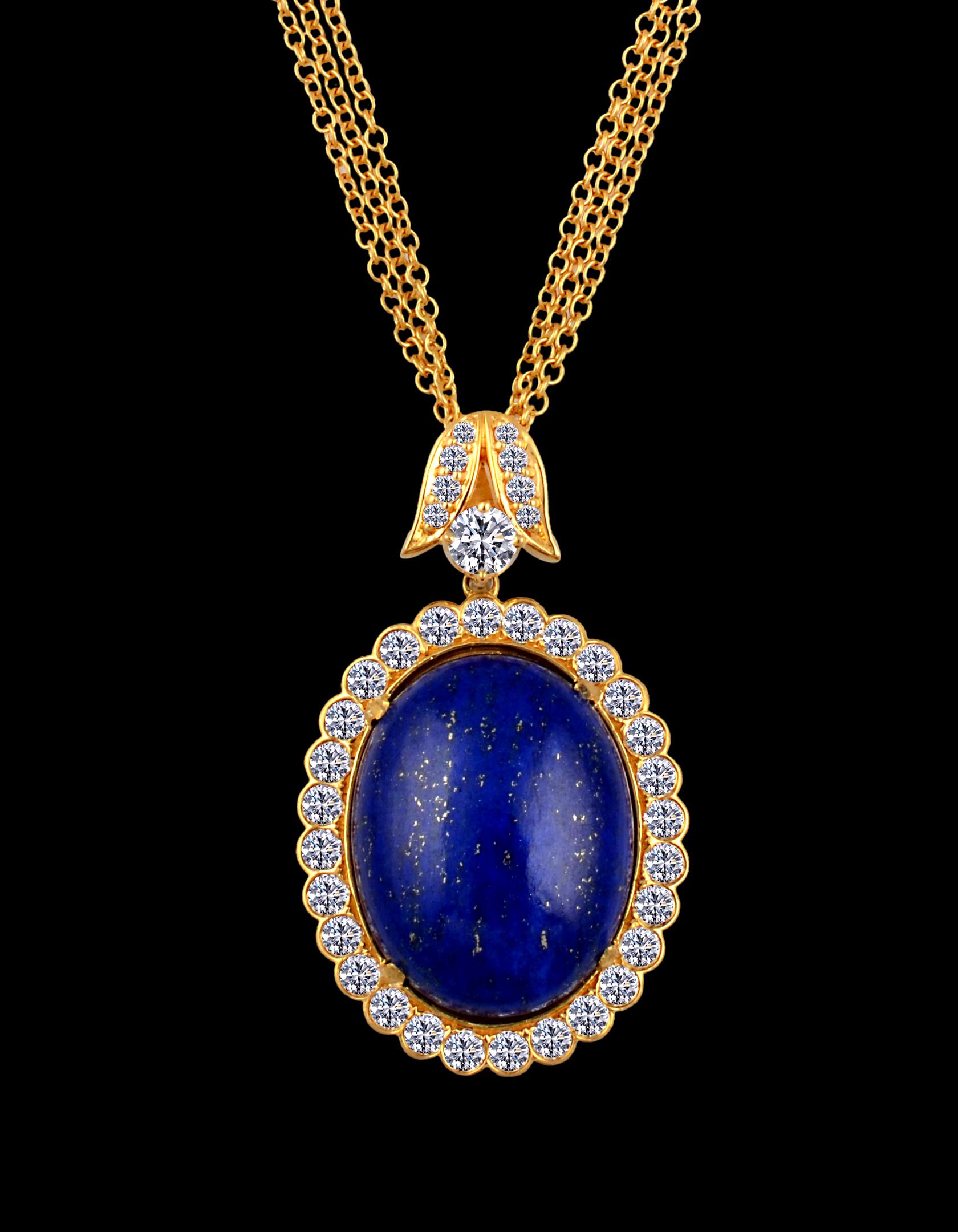 Oval Cut 15Ct Diamond & 30Ct Natural Lapis Lazuli Set 18 K Y Gold, Ring, Earring, Pendant For Sale