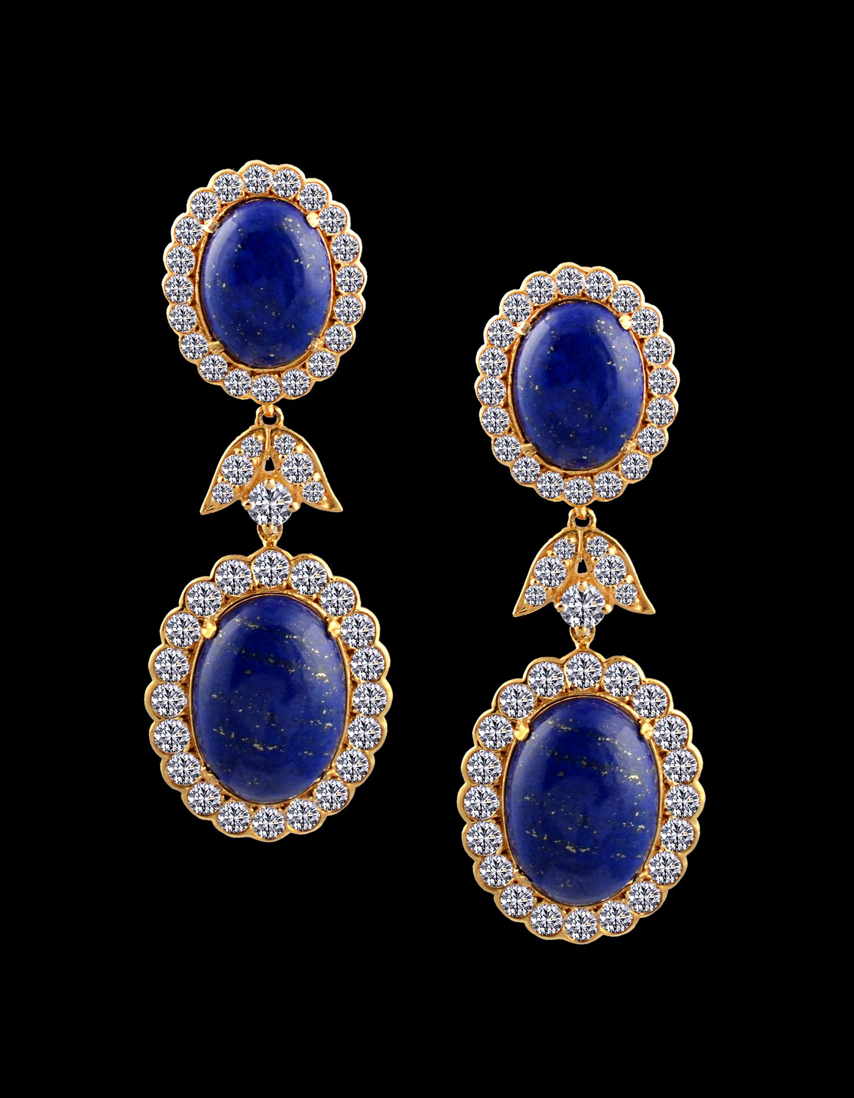 15Ct Diamond & 30Ct Natural Lapis Lazuli Set 18 K Y Gold, Ring, Earring, Pendant In Excellent Condition For Sale In New York, NY