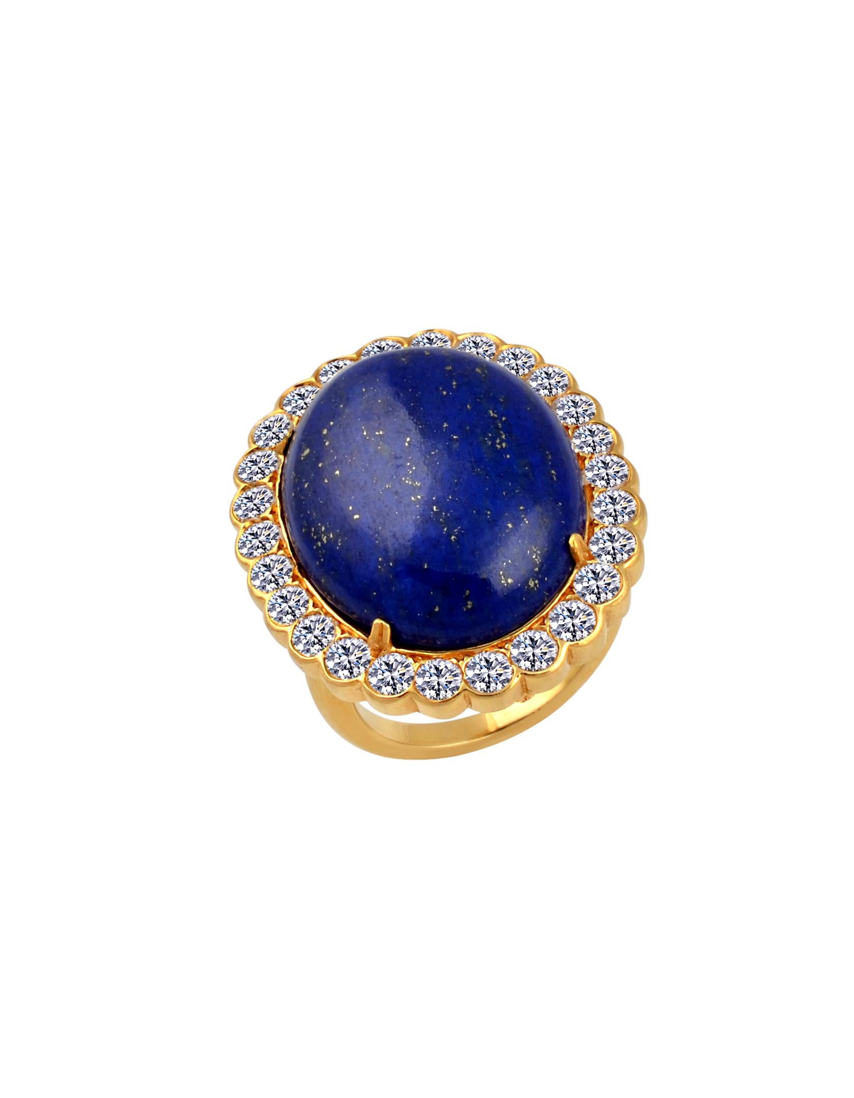 Women's 15Ct Diamond & 30Ct Natural Lapis Lazuli Set 18 K Y Gold, Ring, Earring, Pendant For Sale