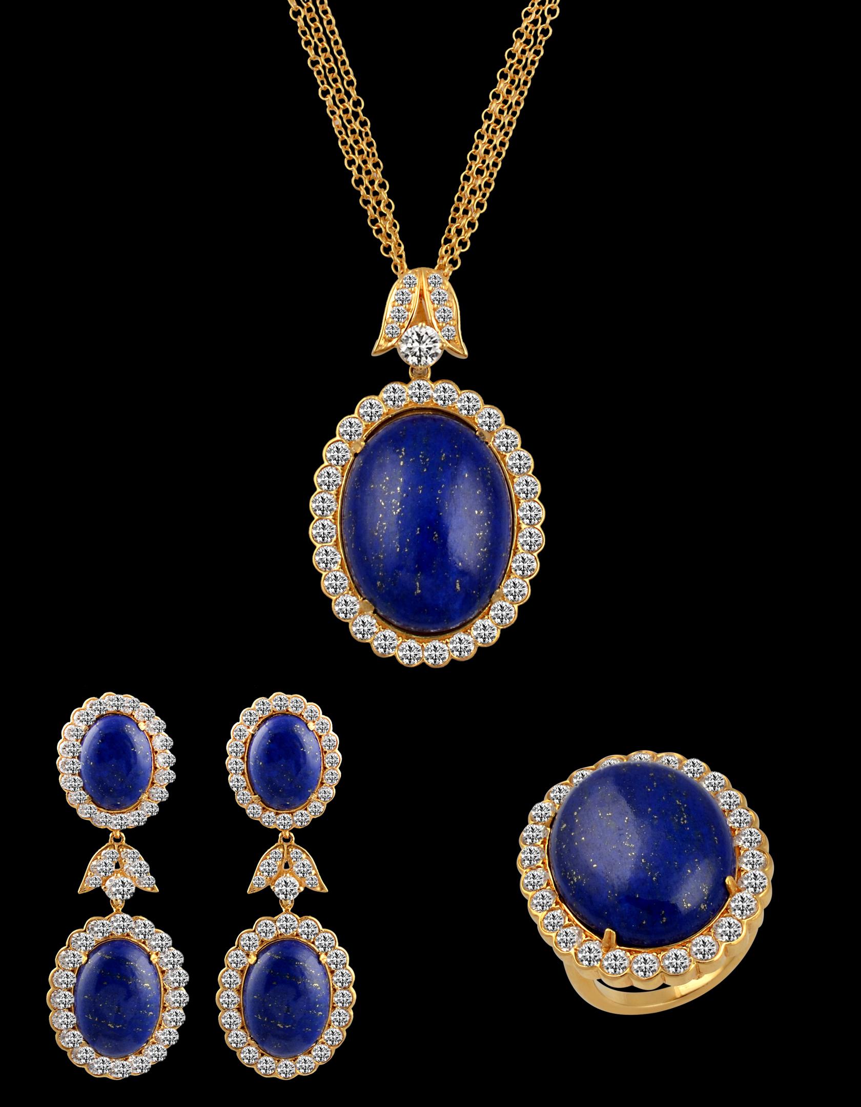 15Ct Diamond & 30Ct Natural Lapis Lazuli Set 18 K Y Gold, Ring, Earring, Pendant For Sale 2