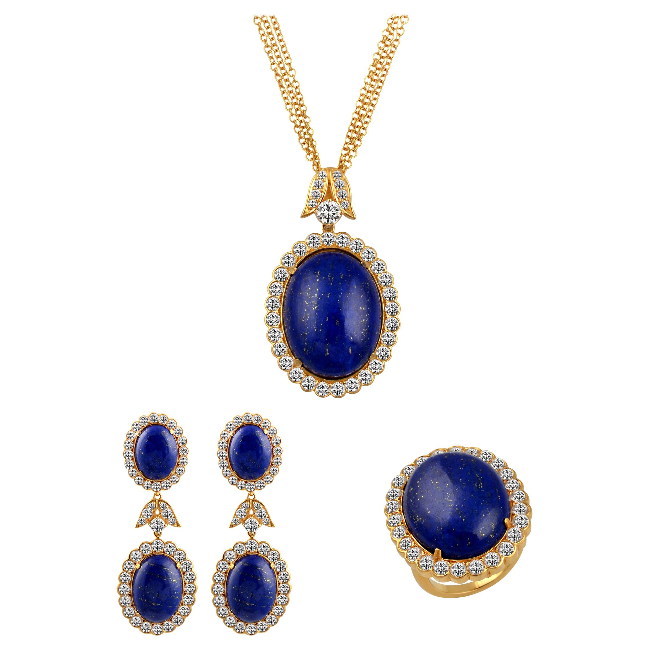 15Ct Diamond & 30Ct Natural Lapis Lazuli Set 18 K Y Gold, Ring, Earring, Pendant For Sale