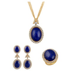 15Ct Diamond & 30Ct Natural Lapis Lazuli Set 18 K Y Gold, Ring, Earring, Pendant