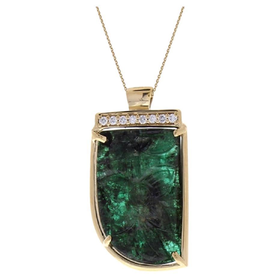 15CT Emerald and .08CTW Diamond Pendant in 18K Yellow Gold For Sale