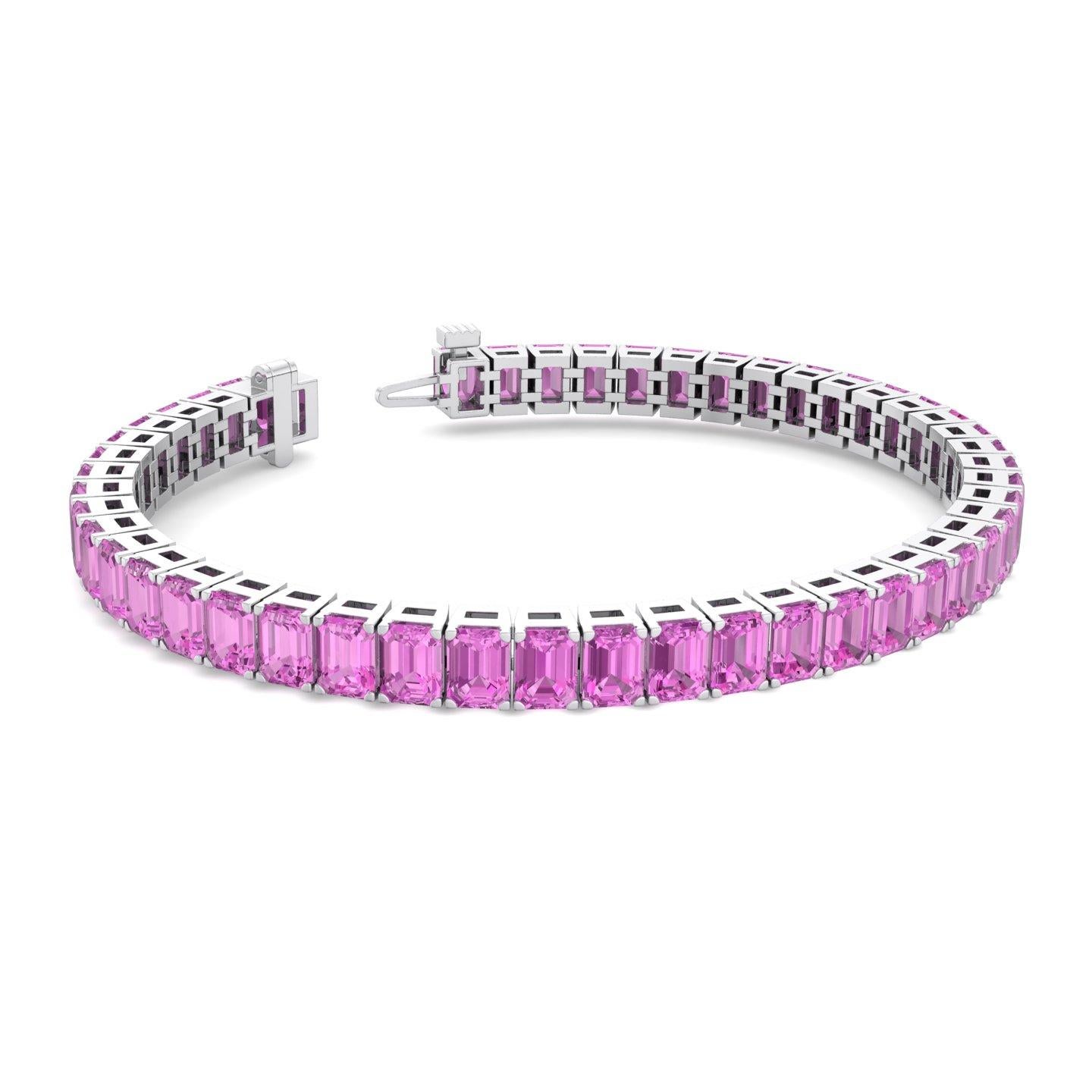 Women's 15 Carat Emerald Cut Pink Sapphire Tennis Bracelet 14k White Gold For Sale