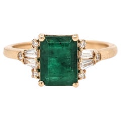 1.5ct Emerald Ring w Earth Mined Diamonds in Solid 14K Yellow Gold EM 8x6mm