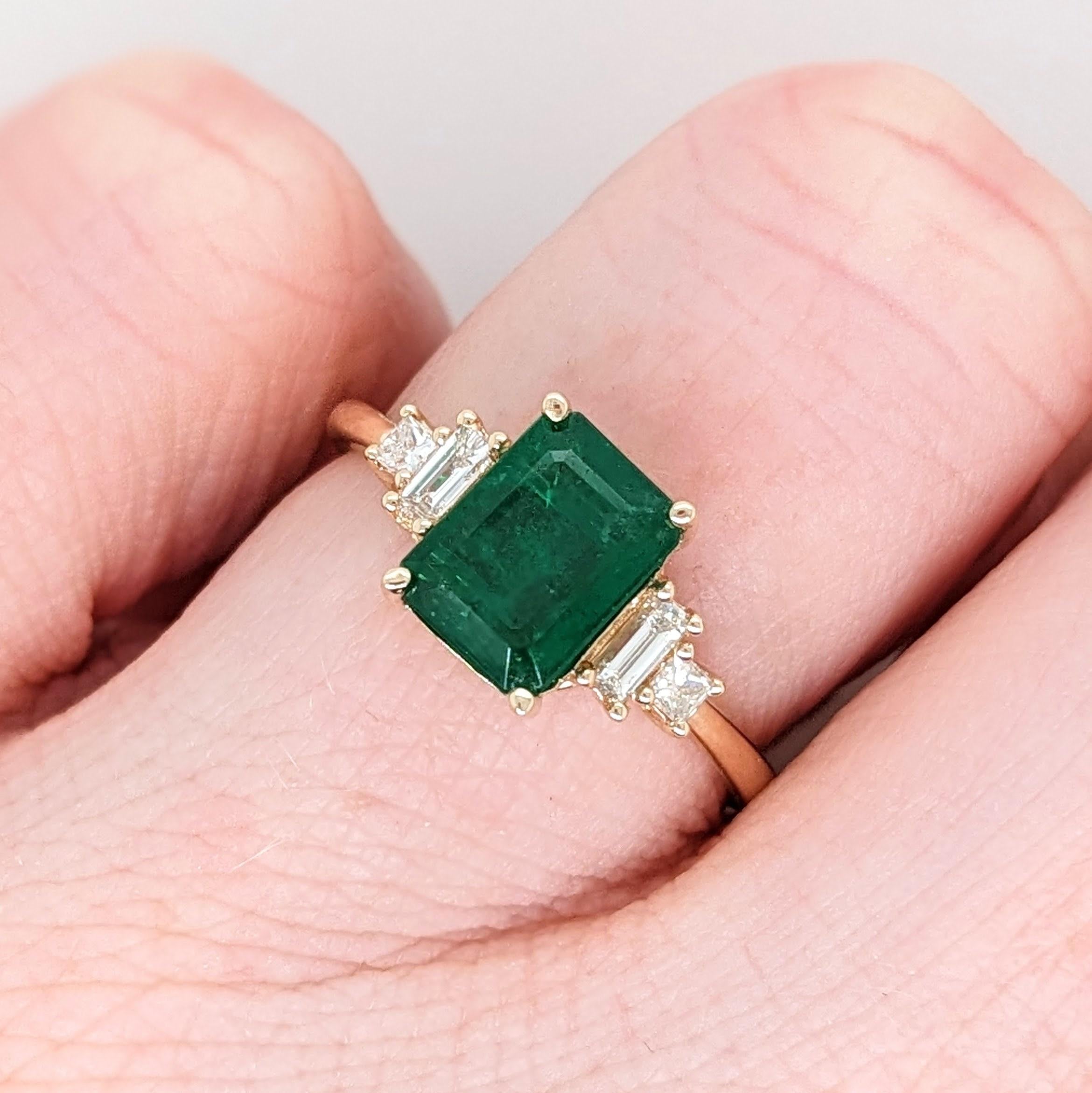 Emerald Cut 1.5ct Emerald Ring w Earth Mined Diamonds in Solid 14K Yellow Gold EM 8x6mm For Sale