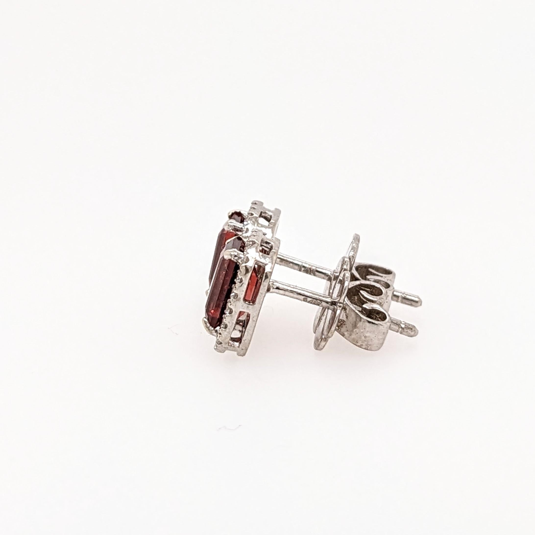 These everyday-wear, pushback studs feature red garnet gemstones and a natural diamond halo in 14k solid white gold. A great gift perfect for office wear or a fancy occasion!

Specifications
Item Type: Earrings
Center Stone: Garnet
Treatment:
